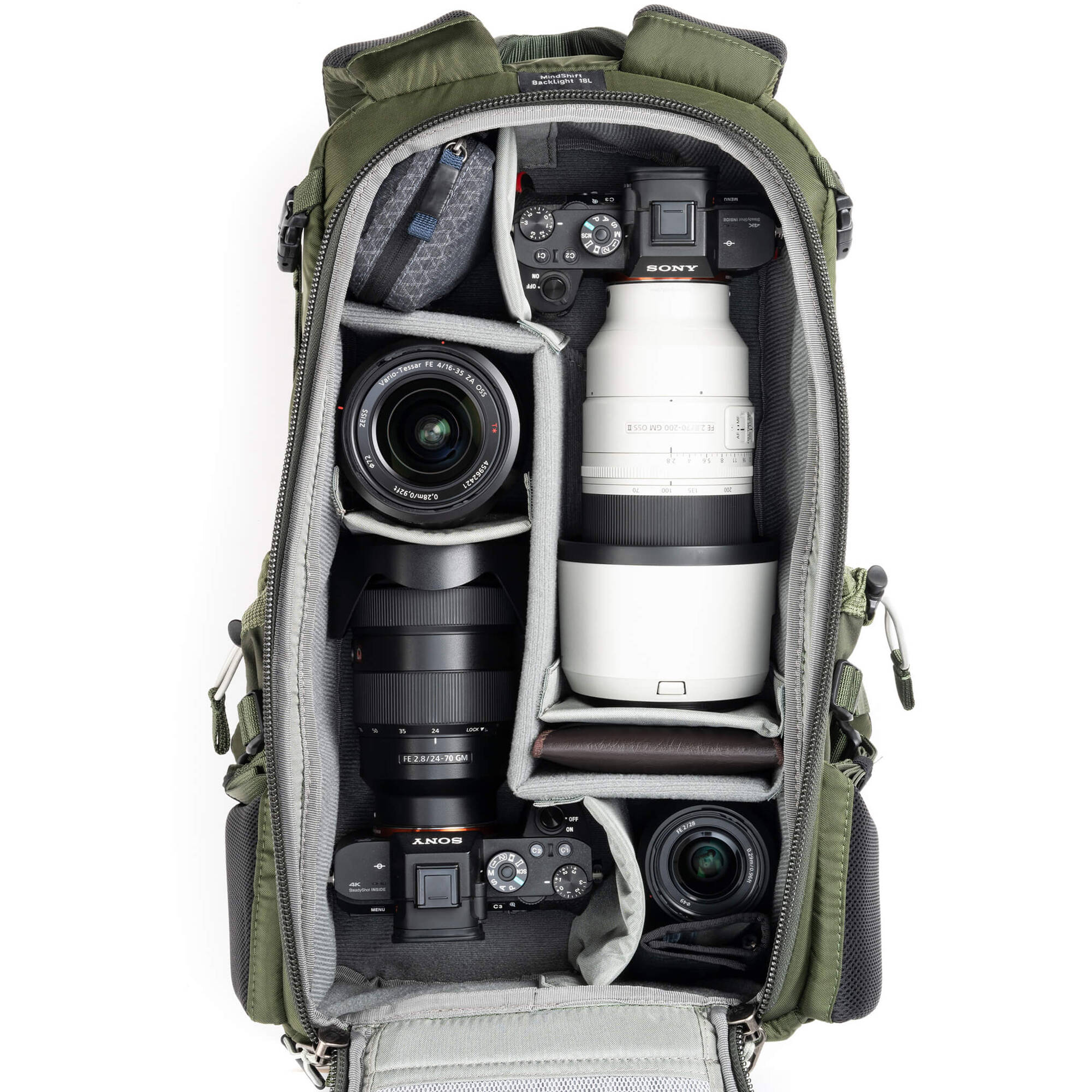 Think Tank Mindshift BackLight video equipment bag with padded compartments for camera gear and accessories.
