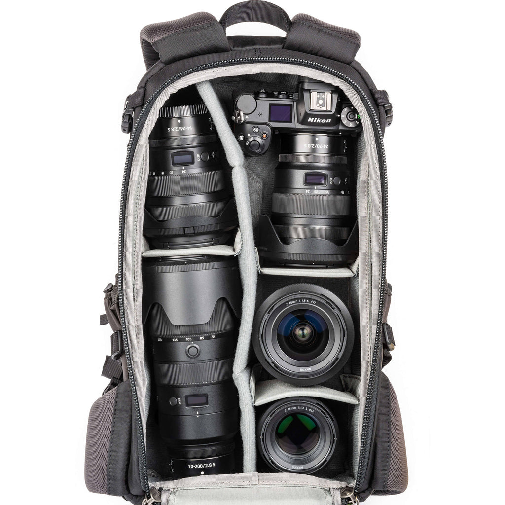 Think Tank Mindshift BackLight video equipment bag with padded compartments and adjustable straps for gear protection and organization.