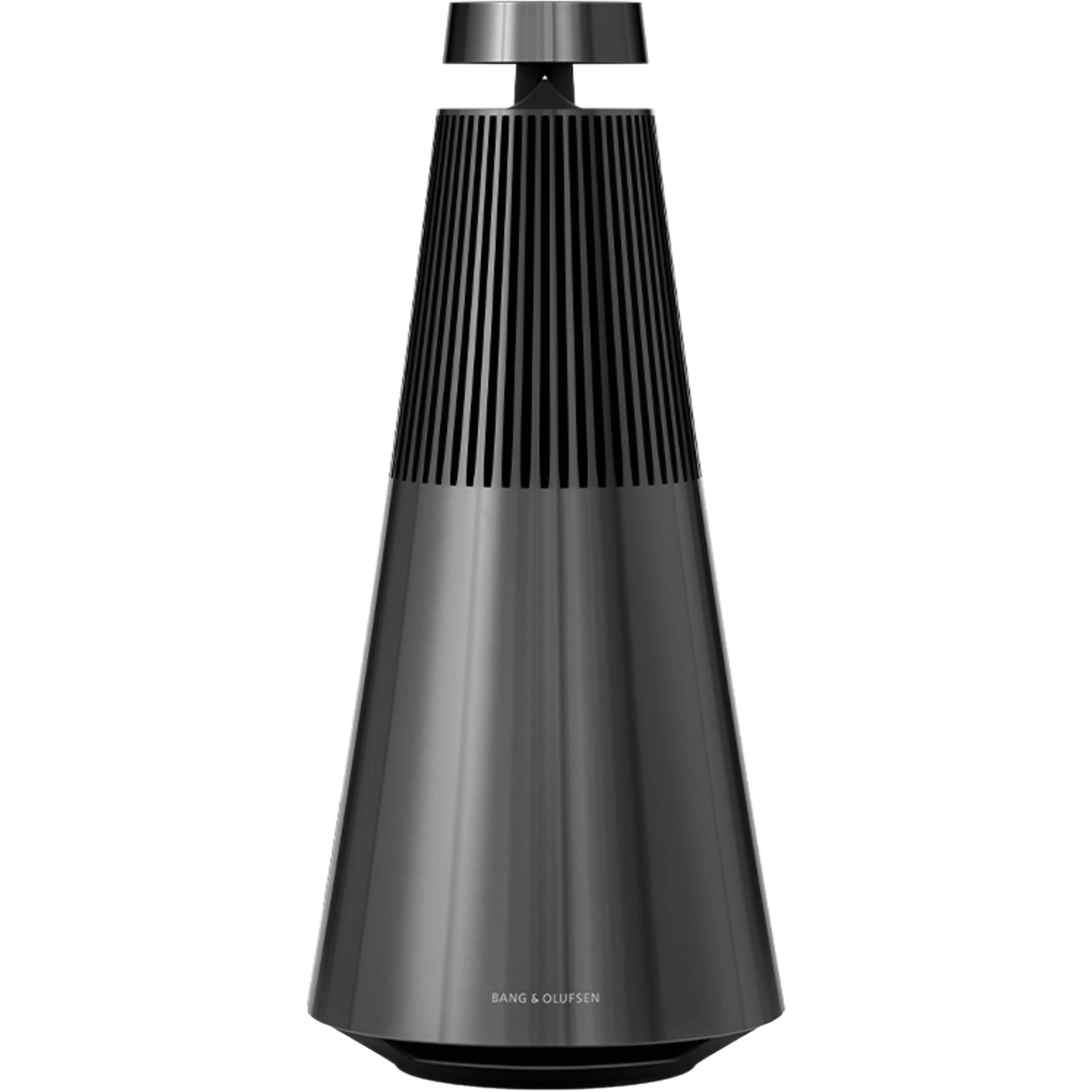 Bang & Olufsen Beosound 2 3rd Gen wireless speaker showing sleek black cylindrical design and control buttons on top.