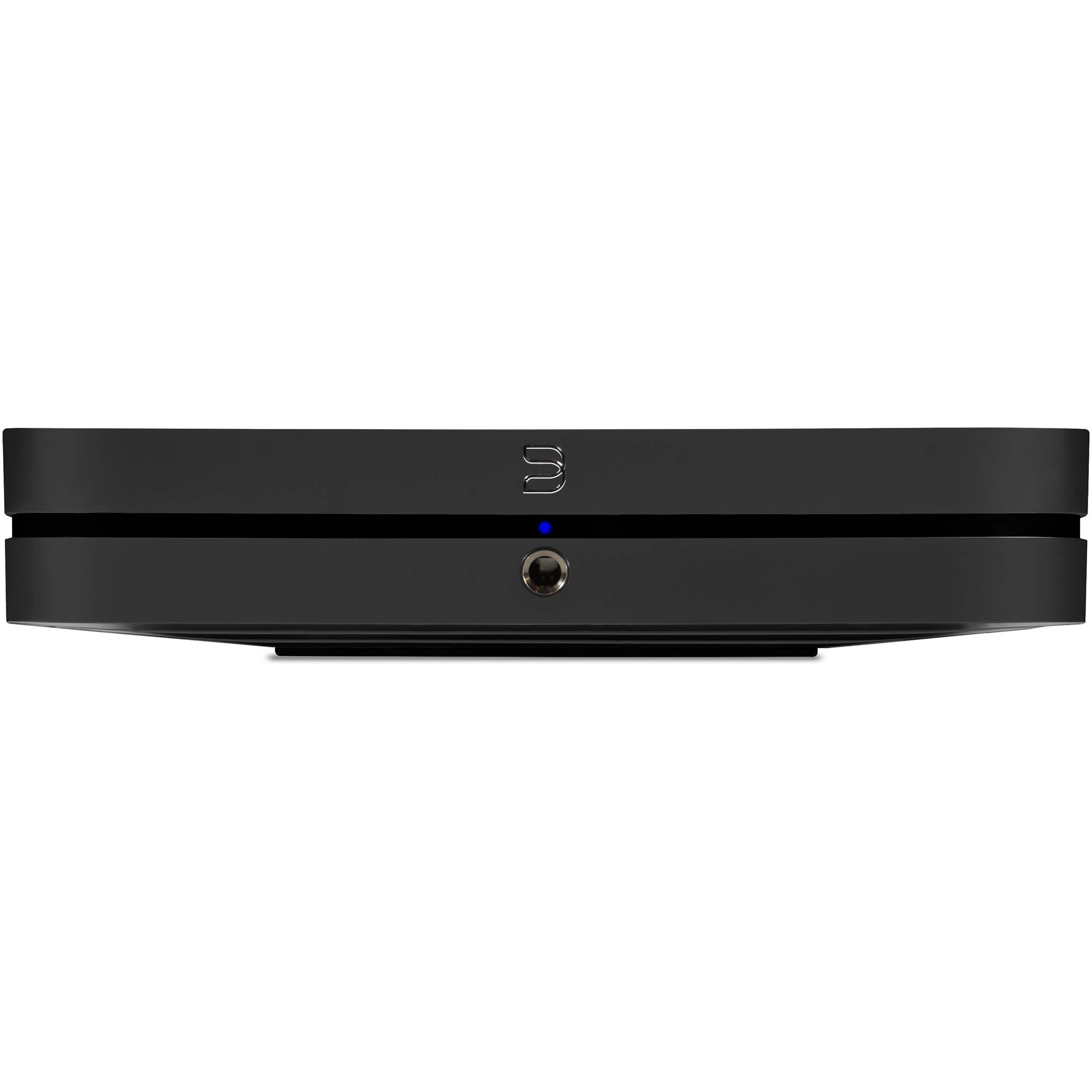 Bluesound Node 2025 black music streamer with sleek design, digital input ports, and control buttons on the front panel.