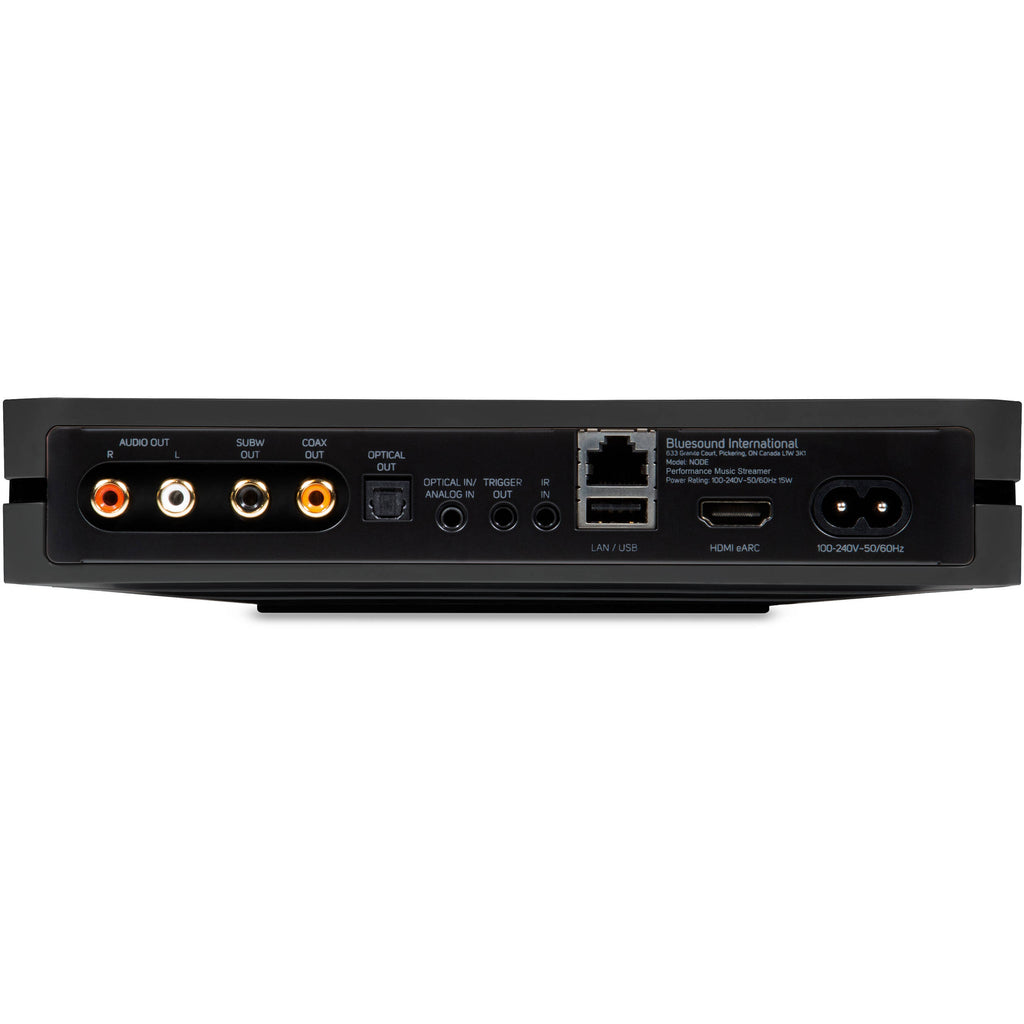 Bluesound Node 2025 black music streamer device with digital and analog audio outputs, sleek compact design.