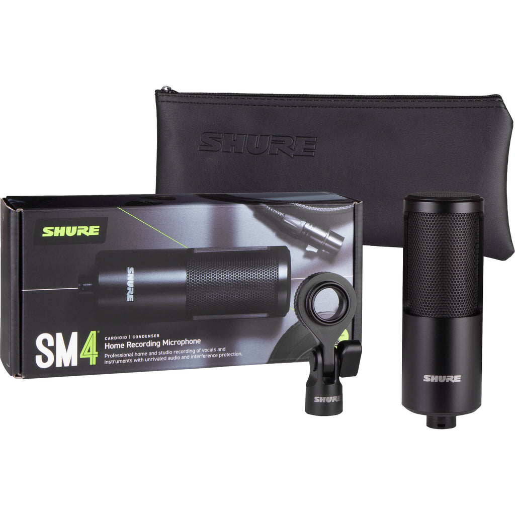 Shure SM4 condenser microphone with metal grille and body, designed for studio and live sound applications.