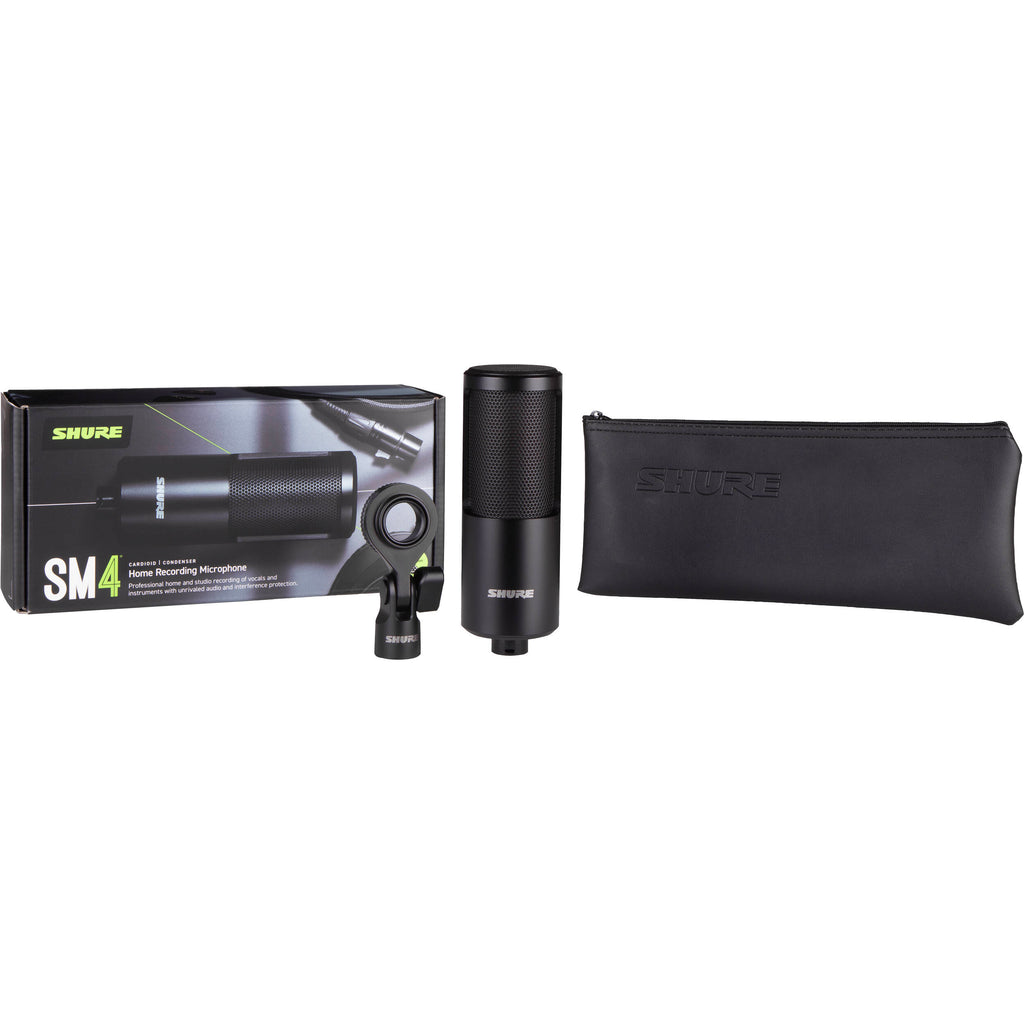 Shure SM4 condenser microphone with a sleek metal body, mounted on a stand, ideal for professional audio recording.