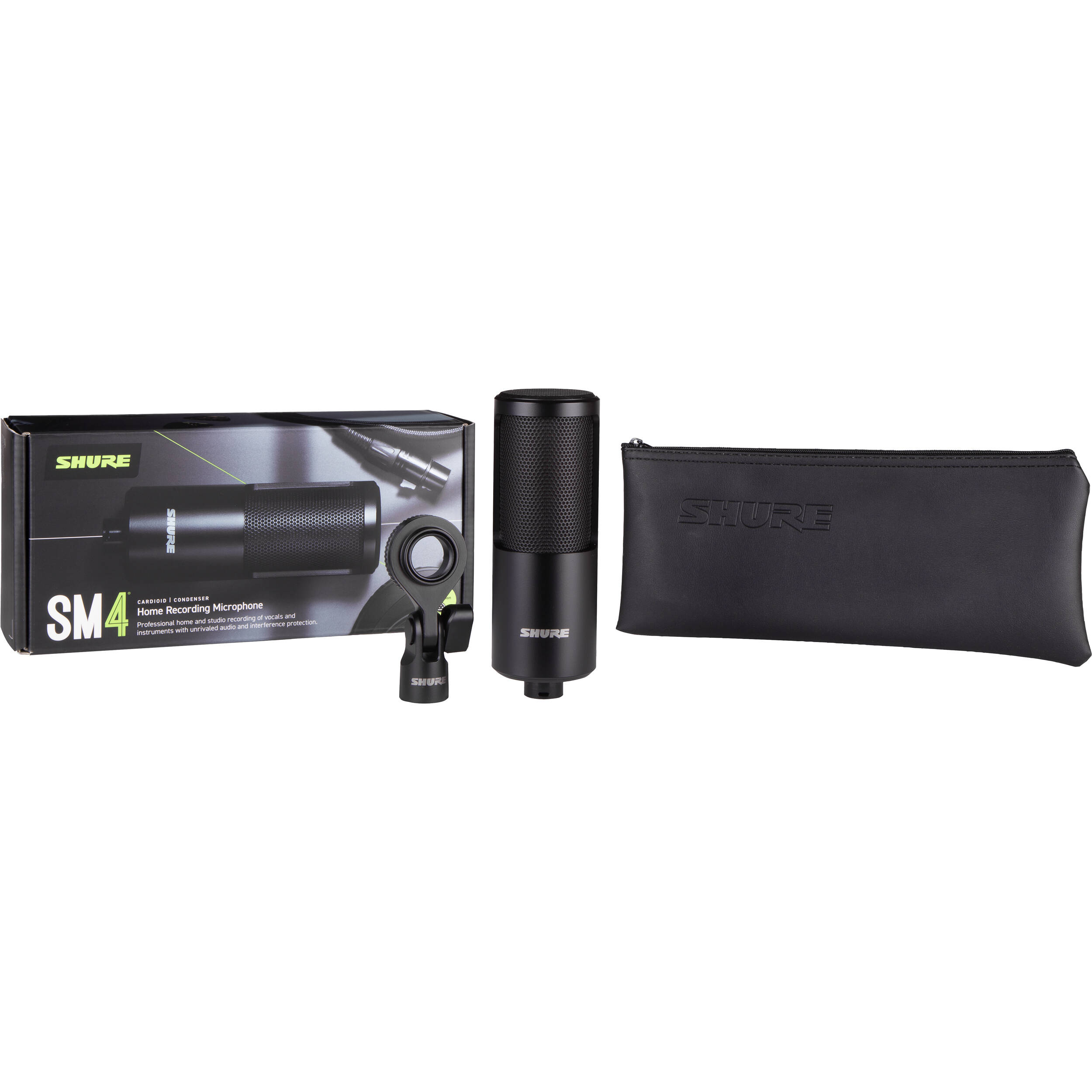 Shure SM4 condenser microphone with a sleek metal body, mounted on a stand, ideal for professional audio recording.