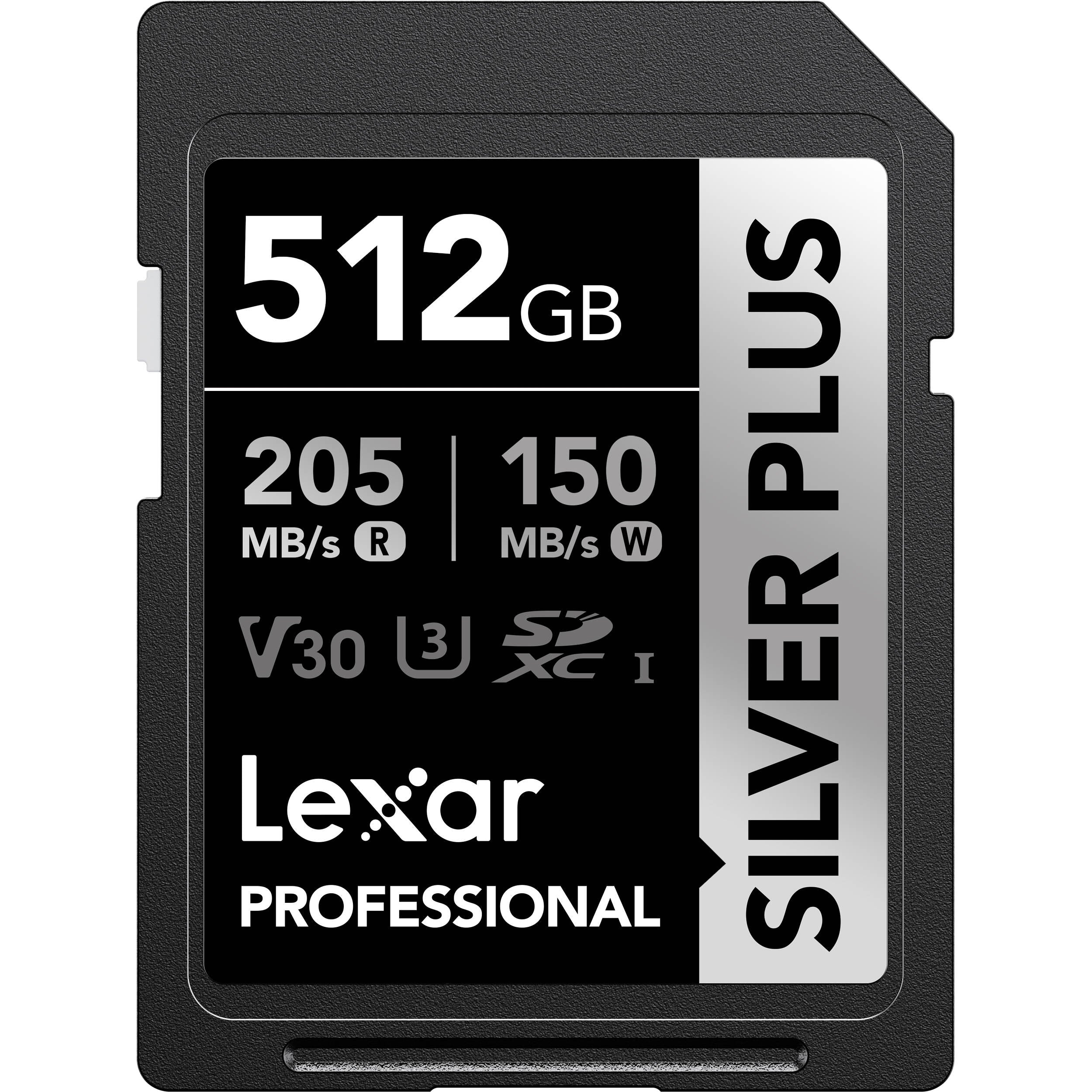 Lexar SDXC Silver Plus 1066X UHS-I U3 memory card showing the front with storage capacity and branding