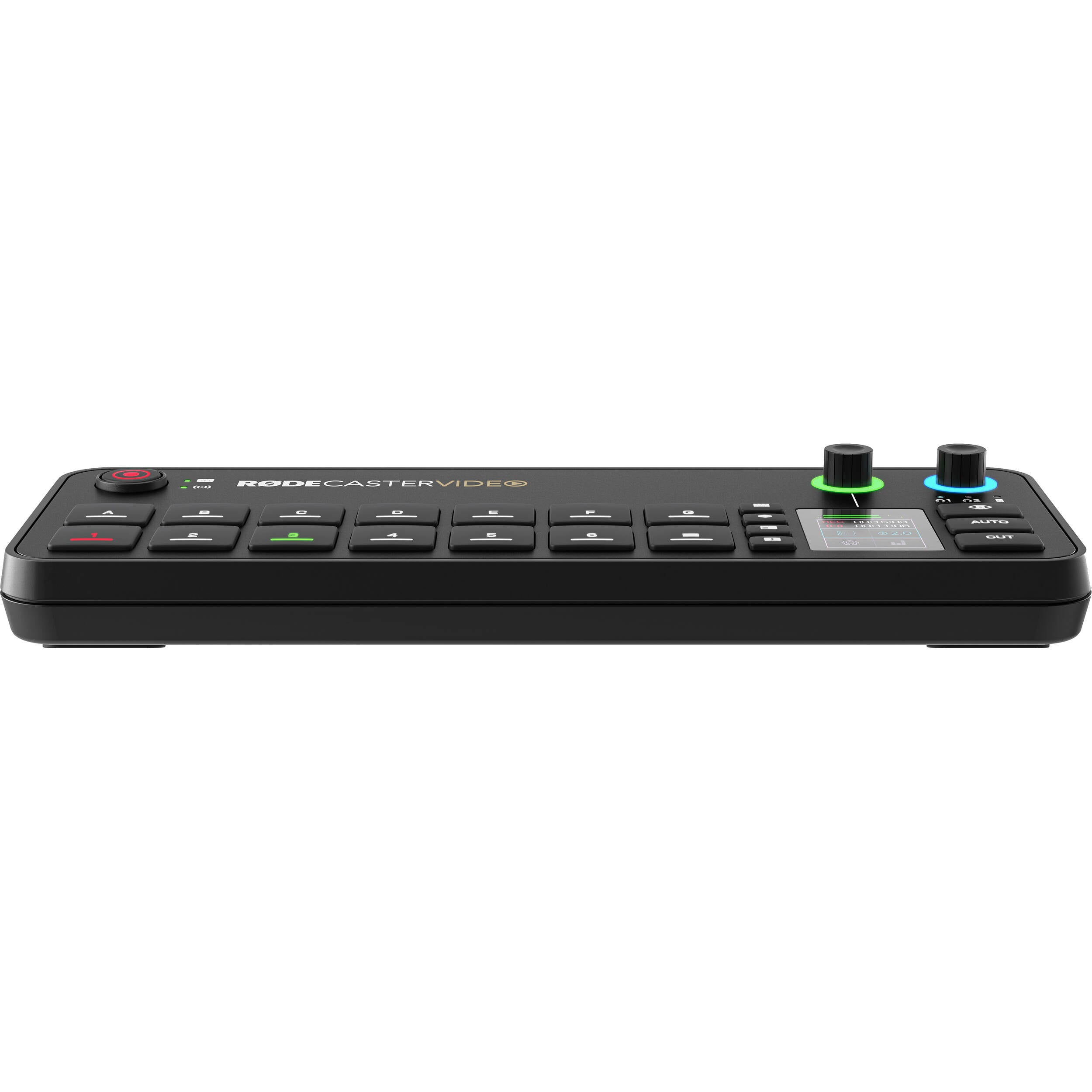 Rode RodeCaster Video editing controller with multiple buttons and knobs for audio and video production.