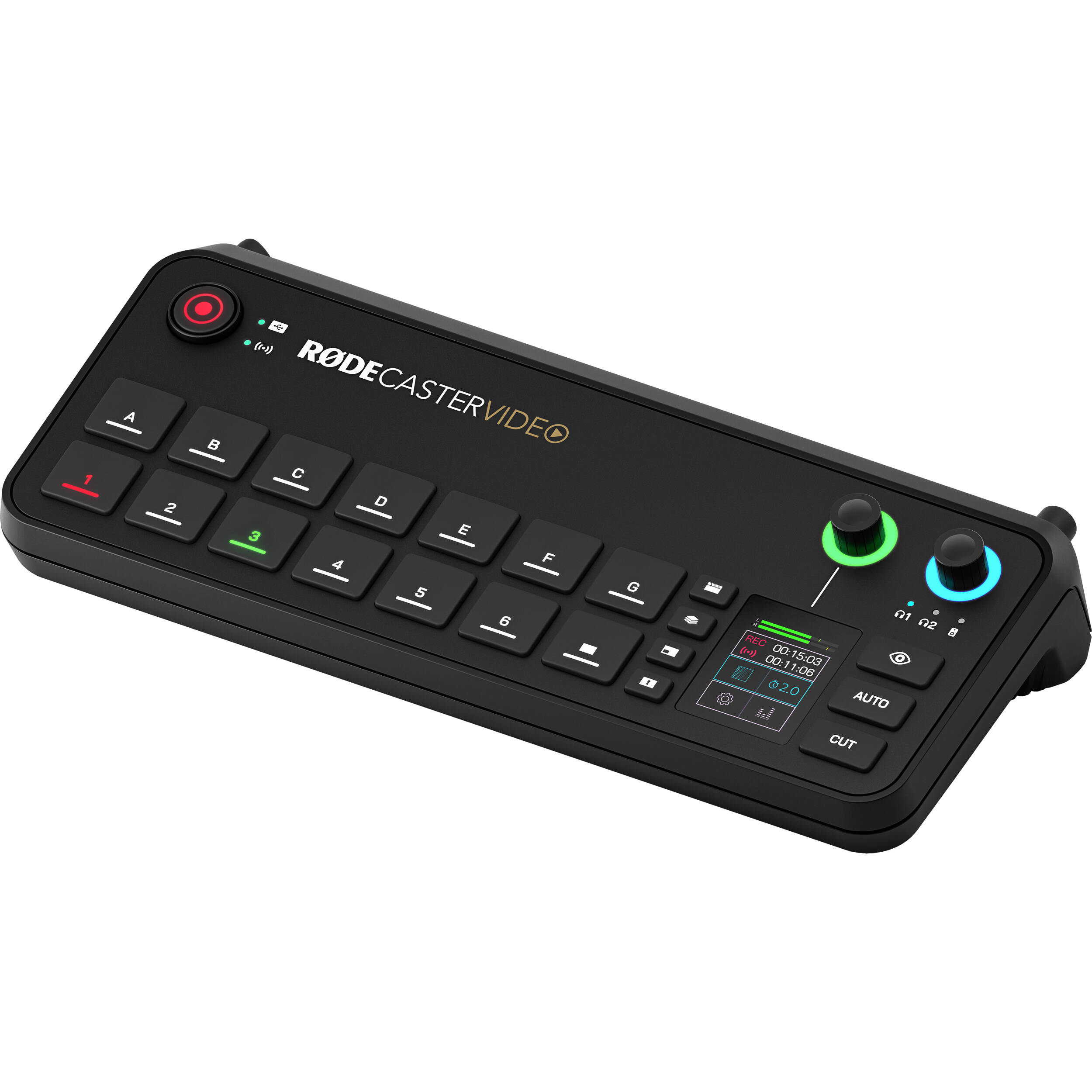 Rode RodeCaster Video editing controller with multiple knobs and buttons for professional video and audio editing setup.