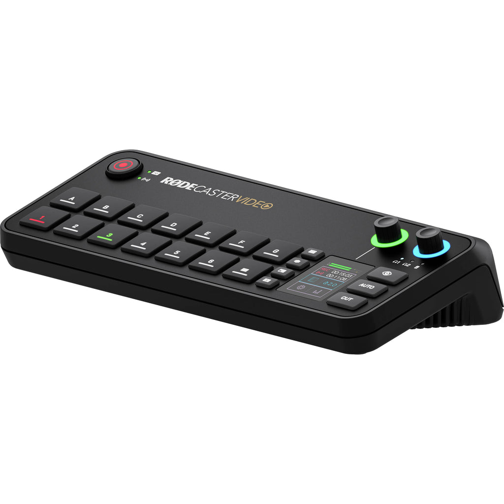 Rode RodeCaster Video video edit controller with multiple buttons and dials on a sleek black interface for audio and video editing.