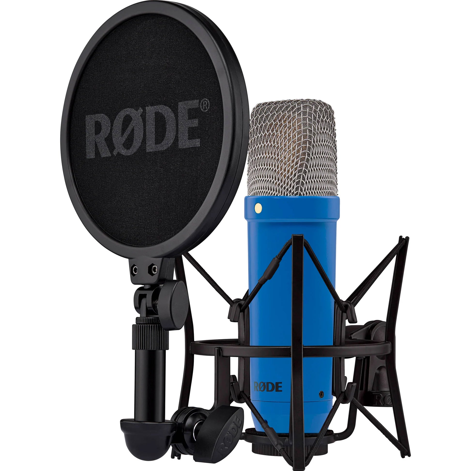 Rode NT1 Signature Series condenser microphone with silver body and microphone grille, designed for studio recording.
