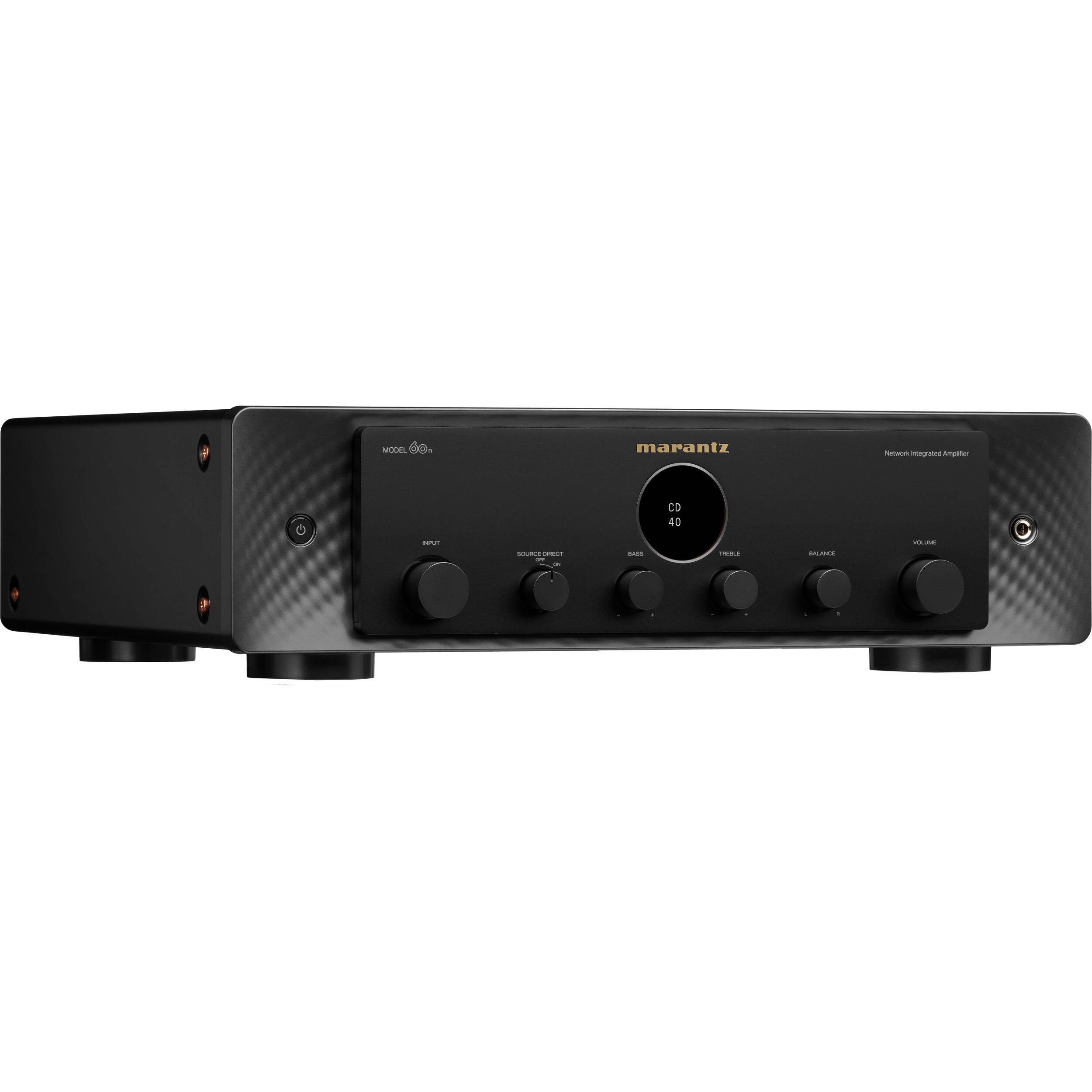 Marantz MODEL 60n stereo amplifier with sleek design and control knobs, displaying front panel and input options.