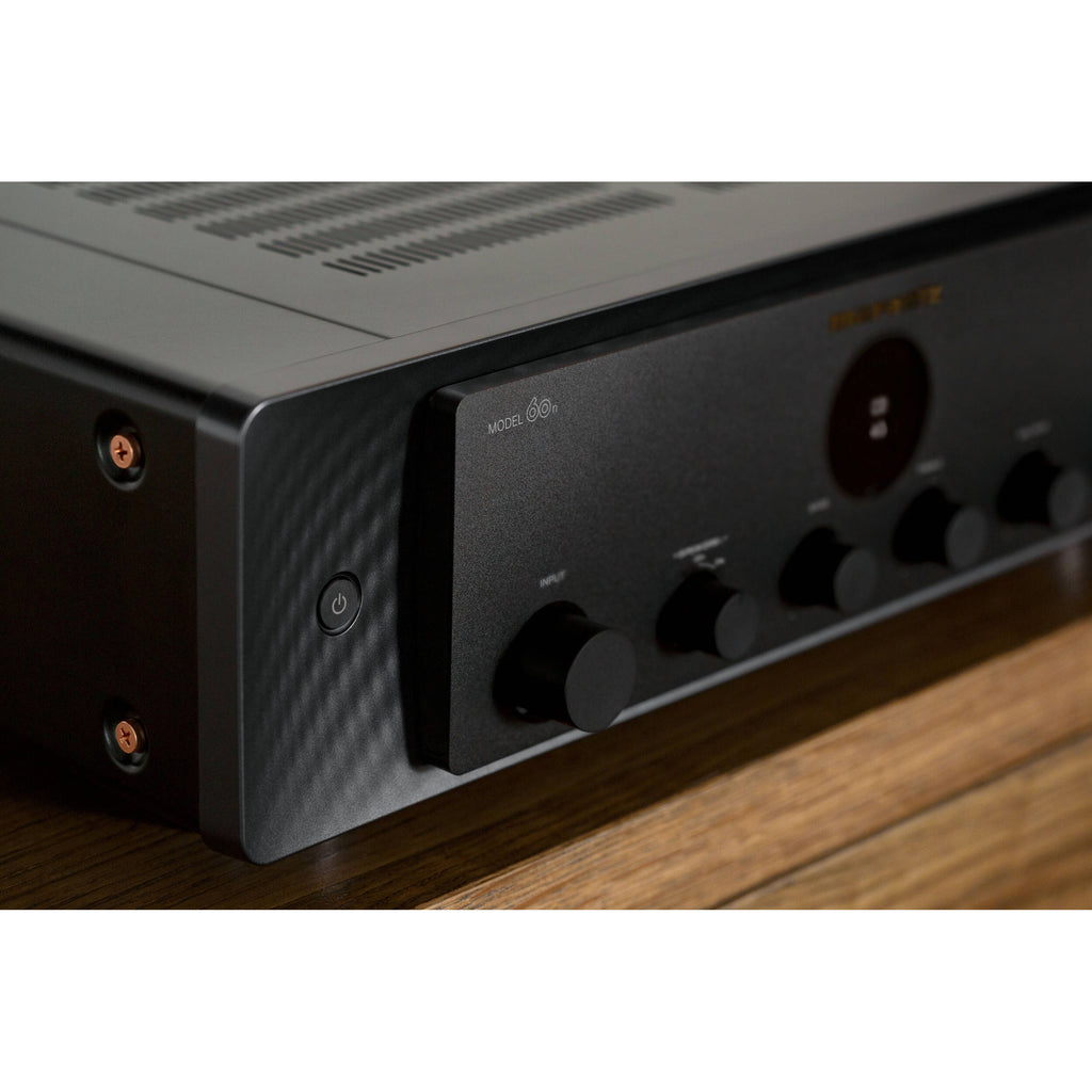 Marantz MODEL 60n stereo amplifier with sleek design and control knobs, showcasing high-quality audio equipment.