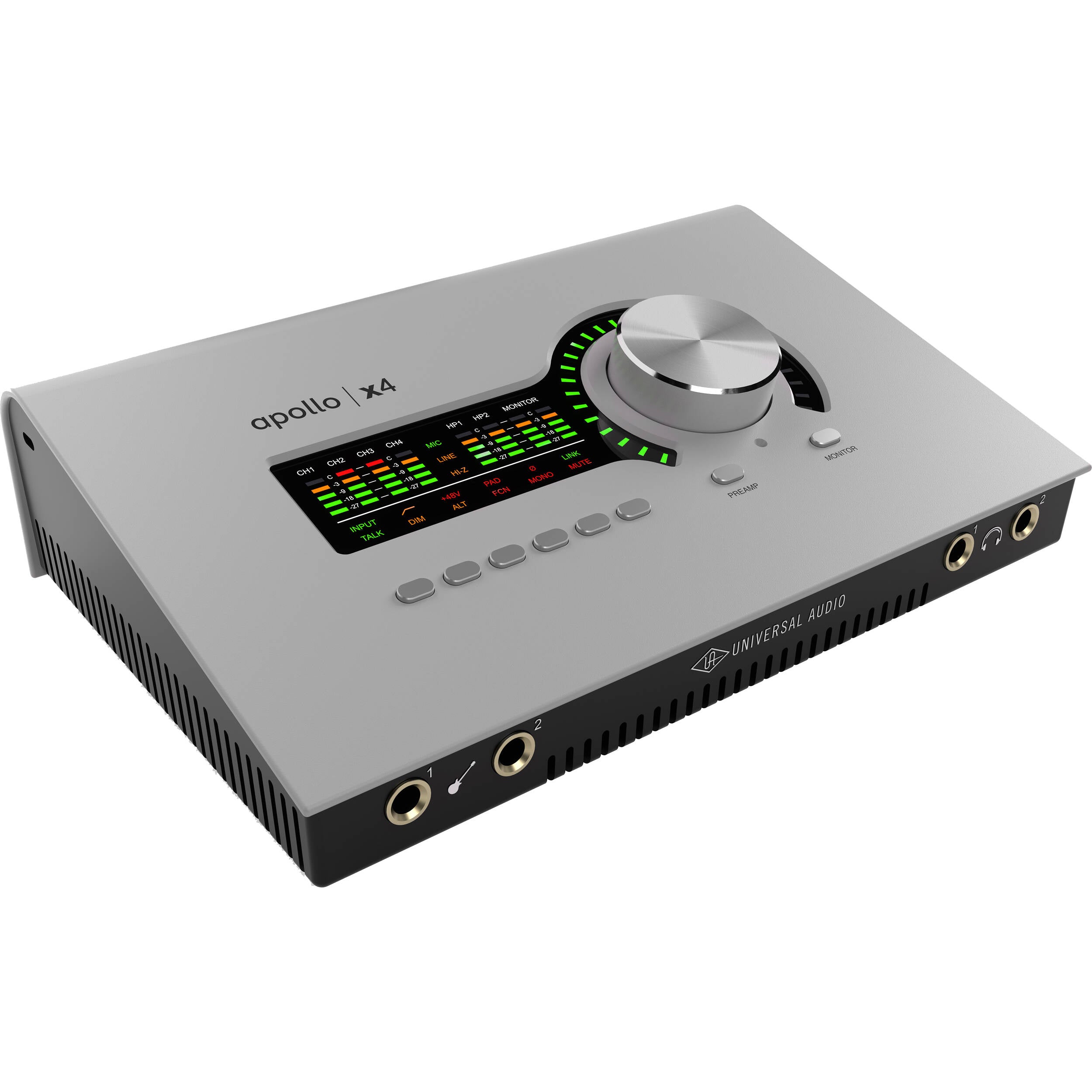Universal Audio Apollo x4 Gen 2 Essentials+ audio interface with multiple input/output ports and sleek design.