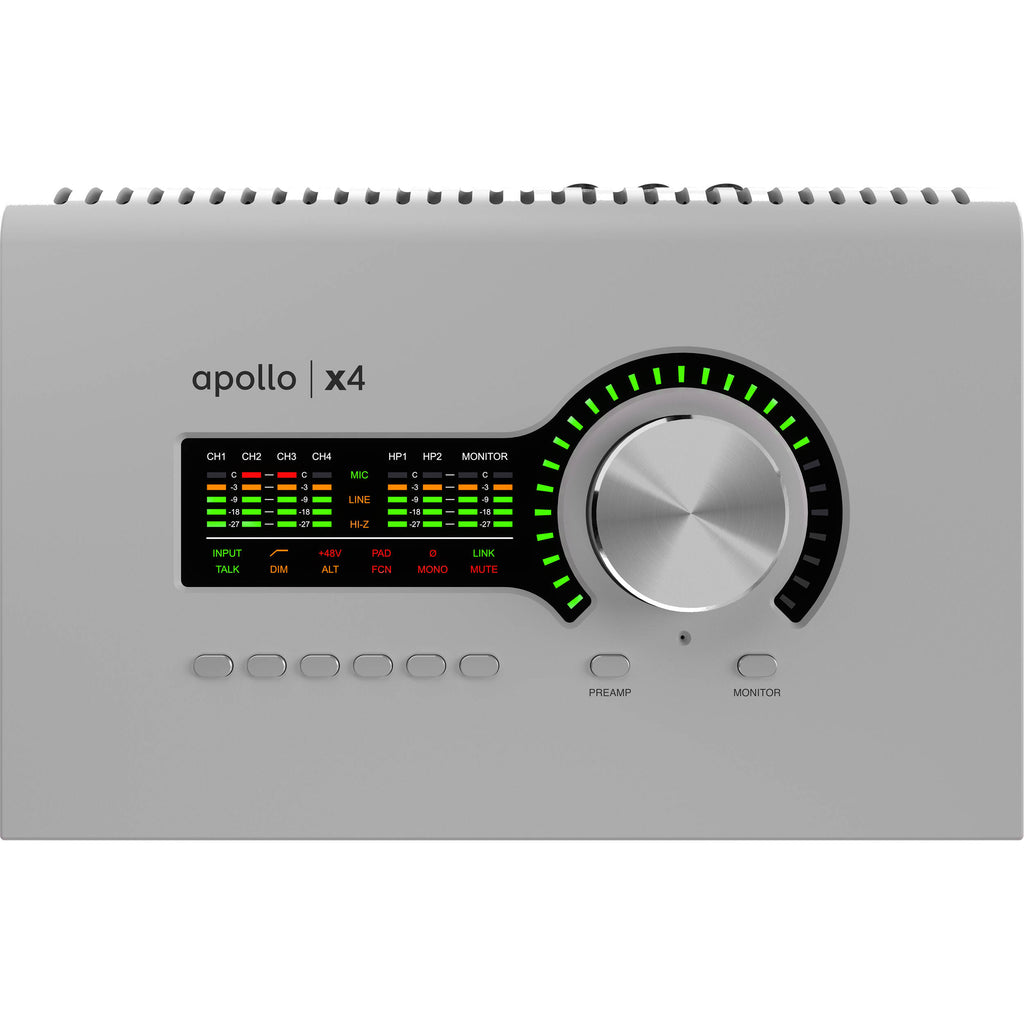 Universal Audio Apollo x4 Gen 2 Essentials+ edition audio interface with multiple input ports and sleek black design.