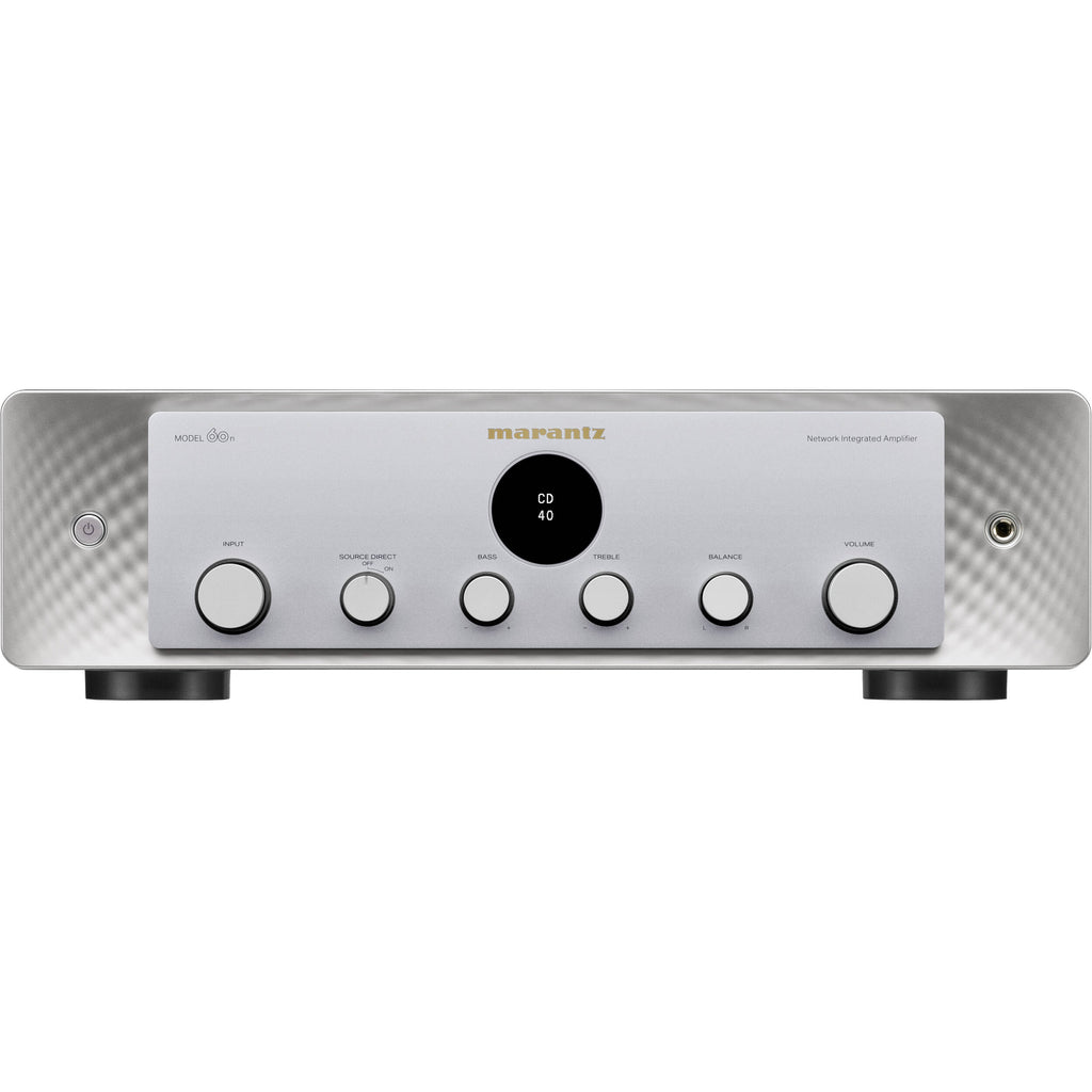 Marantz MODEL 60n stereo amplifier with sleek black design, knobs, and input ports visible on the front panel.