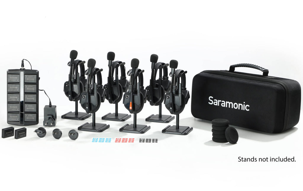 Saramonic WiTalk9 WT6S wireless microphone system for 6-person video recording, with transmitters and receiver units.