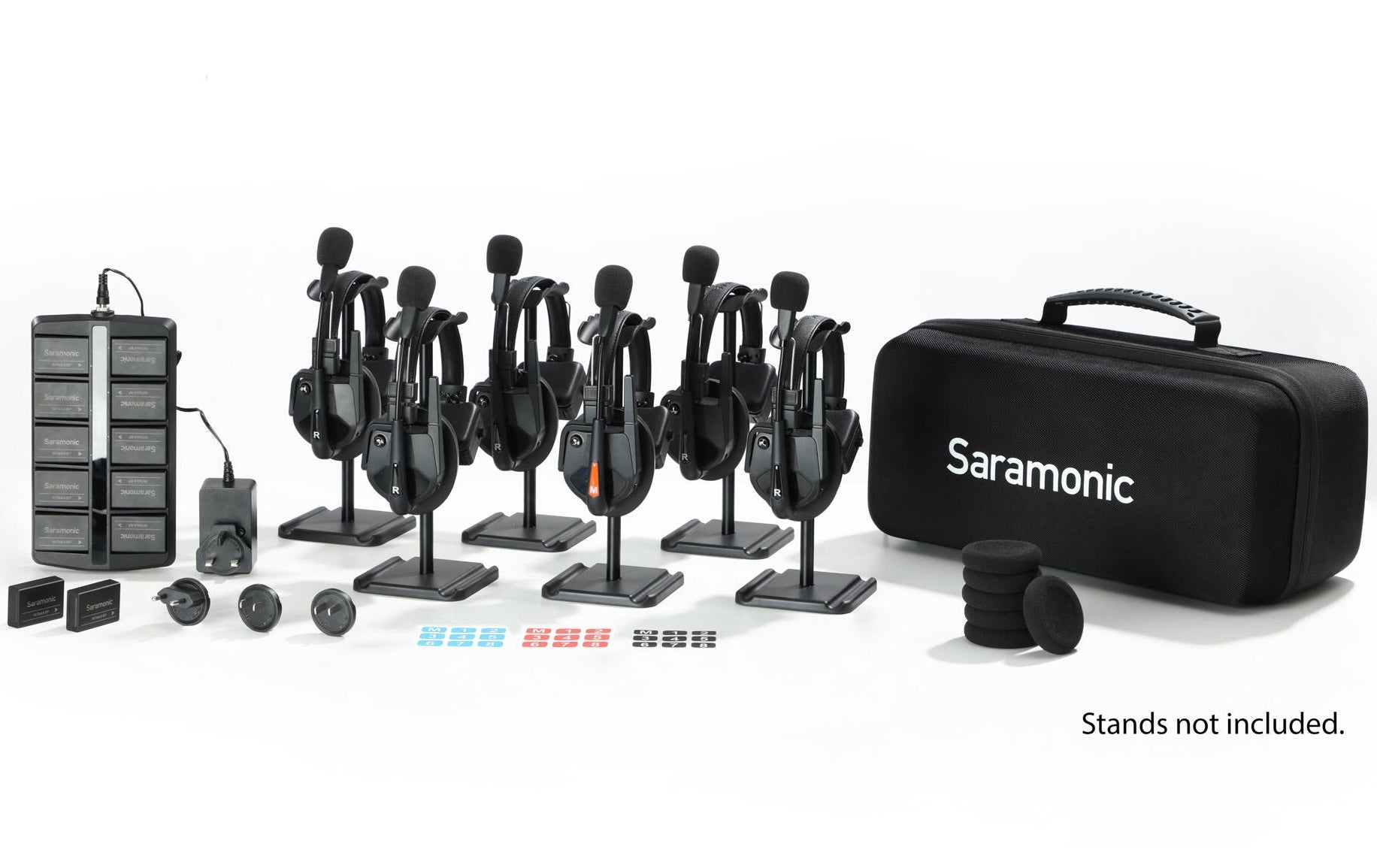 Saramonic WiTalk9 WT6S wireless microphone system for 6-person video recording, with transmitters and receiver units.