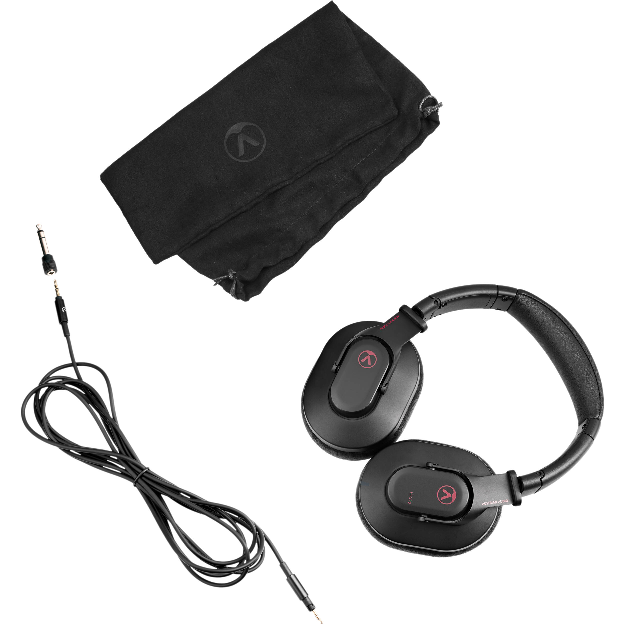 Austrian Audio Hi-X20 studio headphones with over-ear design, black ear cups, and adjustable headband for professional audio mixing.