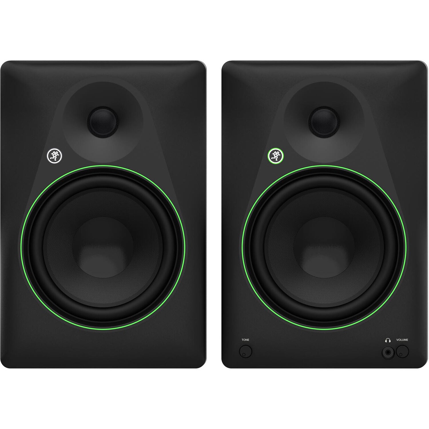 Mackie CR8BT desktop speakers with black finish, featuring control knobs and Bluetooth connectivity, on a wooden desk setup.