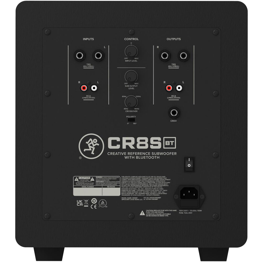 Mackie CR8SBT powered subwoofer with Bluetooth connectivity, featuring a sleek black design and control knobs on the front panel.