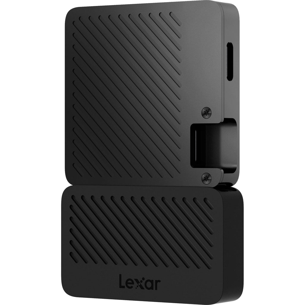 Lexar Go Portable SSD external drive with hub, compact black external storage device with multiple ports for data transfer.