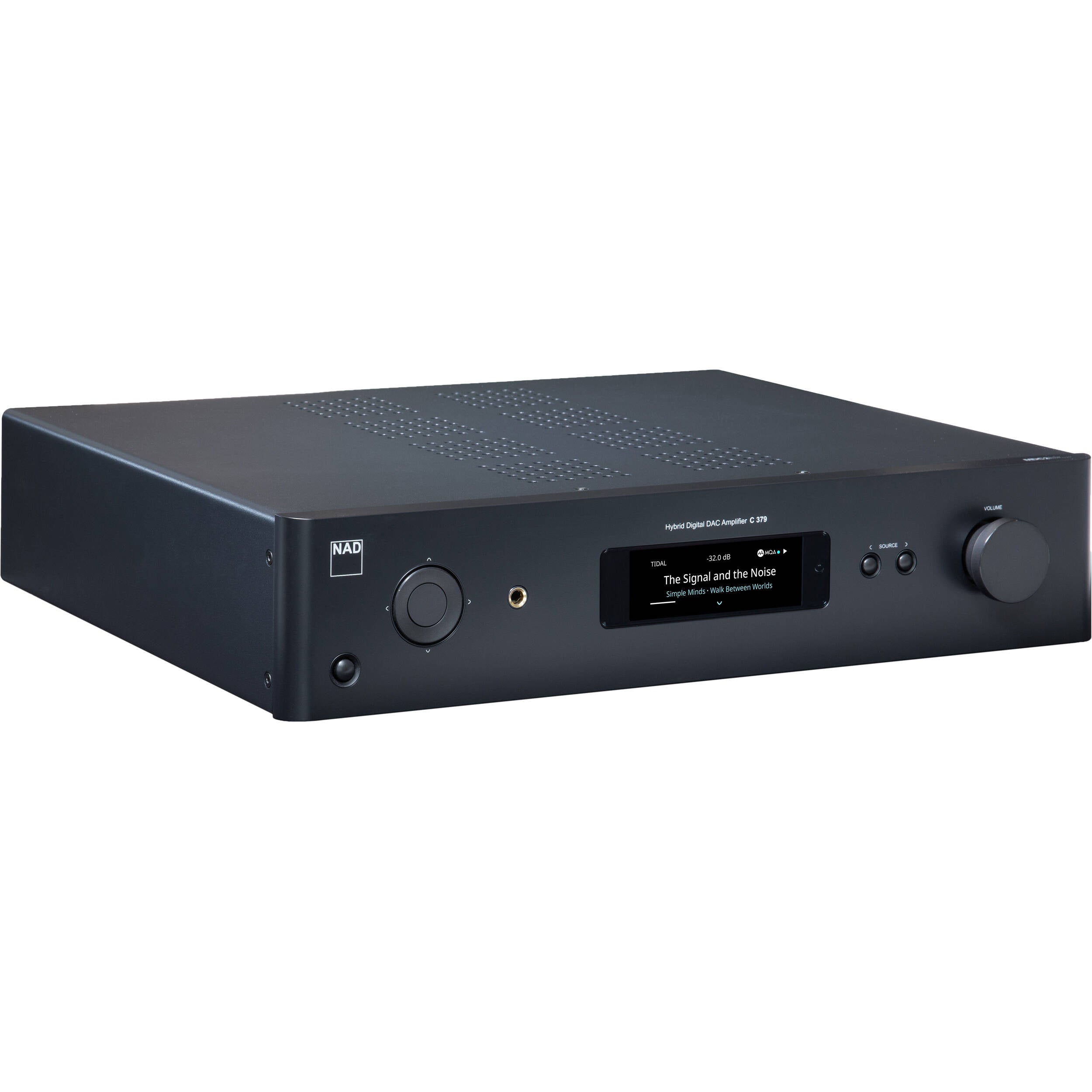 NAD C 379 stereo amplifier with sleek black design and control knobs, showcasing high-quality audio equipment.