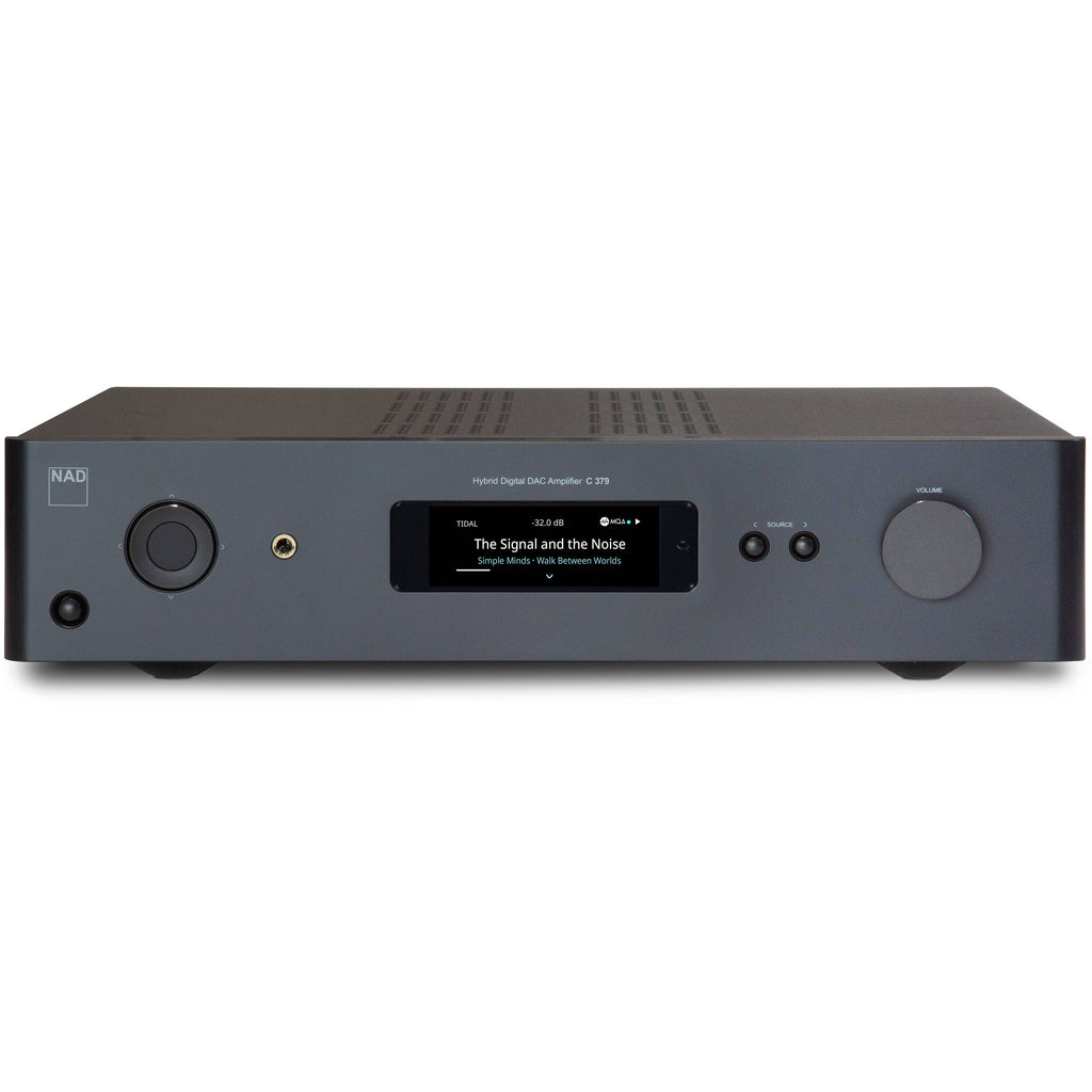 NAD C 379 stereo amplifier with sleek black design and control knobs, showcasing its front panel and input connections.