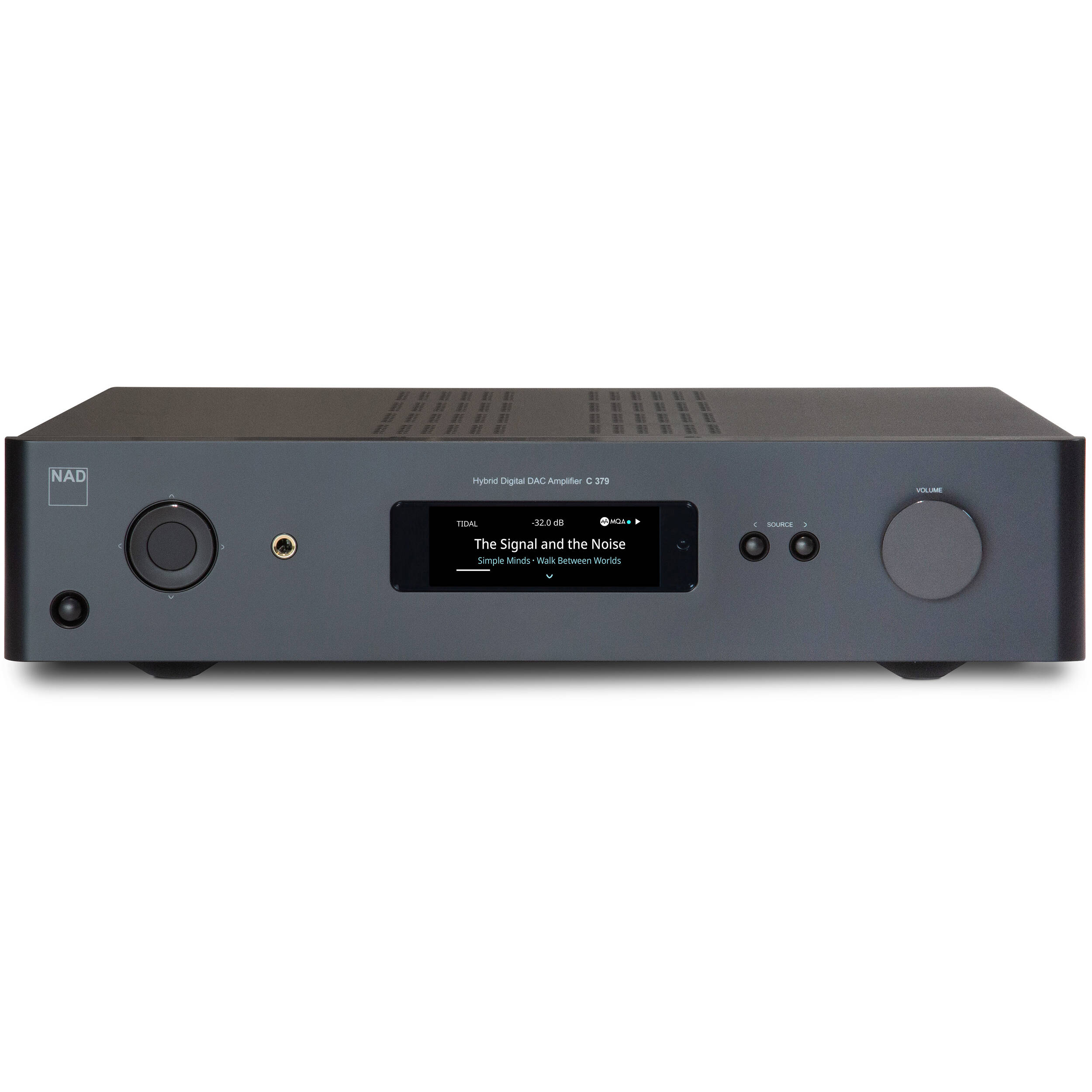 NAD C 379 stereo amplifier with sleek black design and control knobs, showcasing its front panel and input connections.