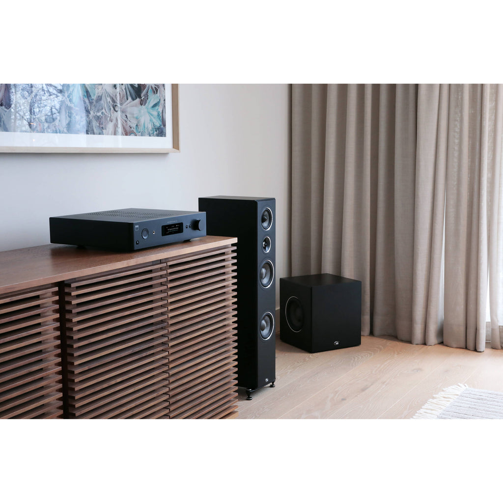 NAD C 379 stereo amplifier with sleek black design and control knobs, showcasing high-quality audio equipment for home sound systems.