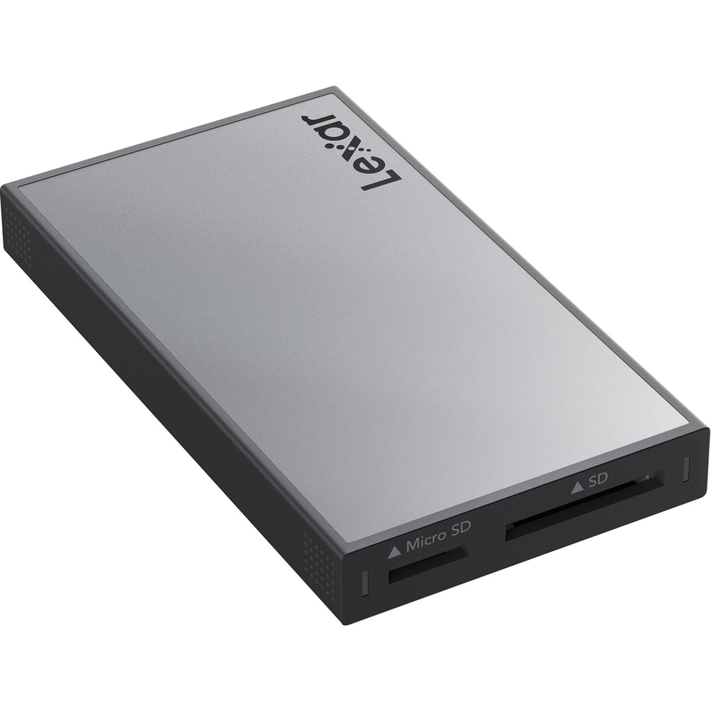 Lexar Workflow SD/microSD UHS-II Card Reader showing multiple slots for SD and microSD cards on a sleek device.