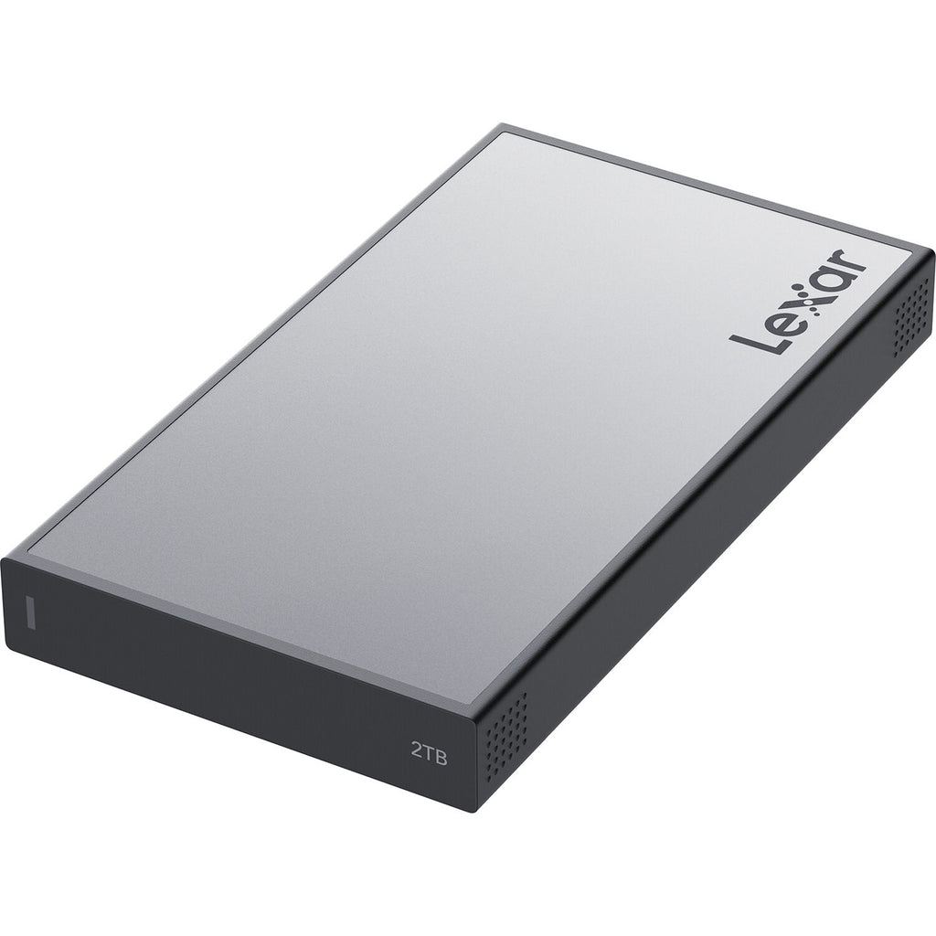 Lexar Workflow Portable SSD external drive showing sleek design and connectivity ports for fast data transfer.