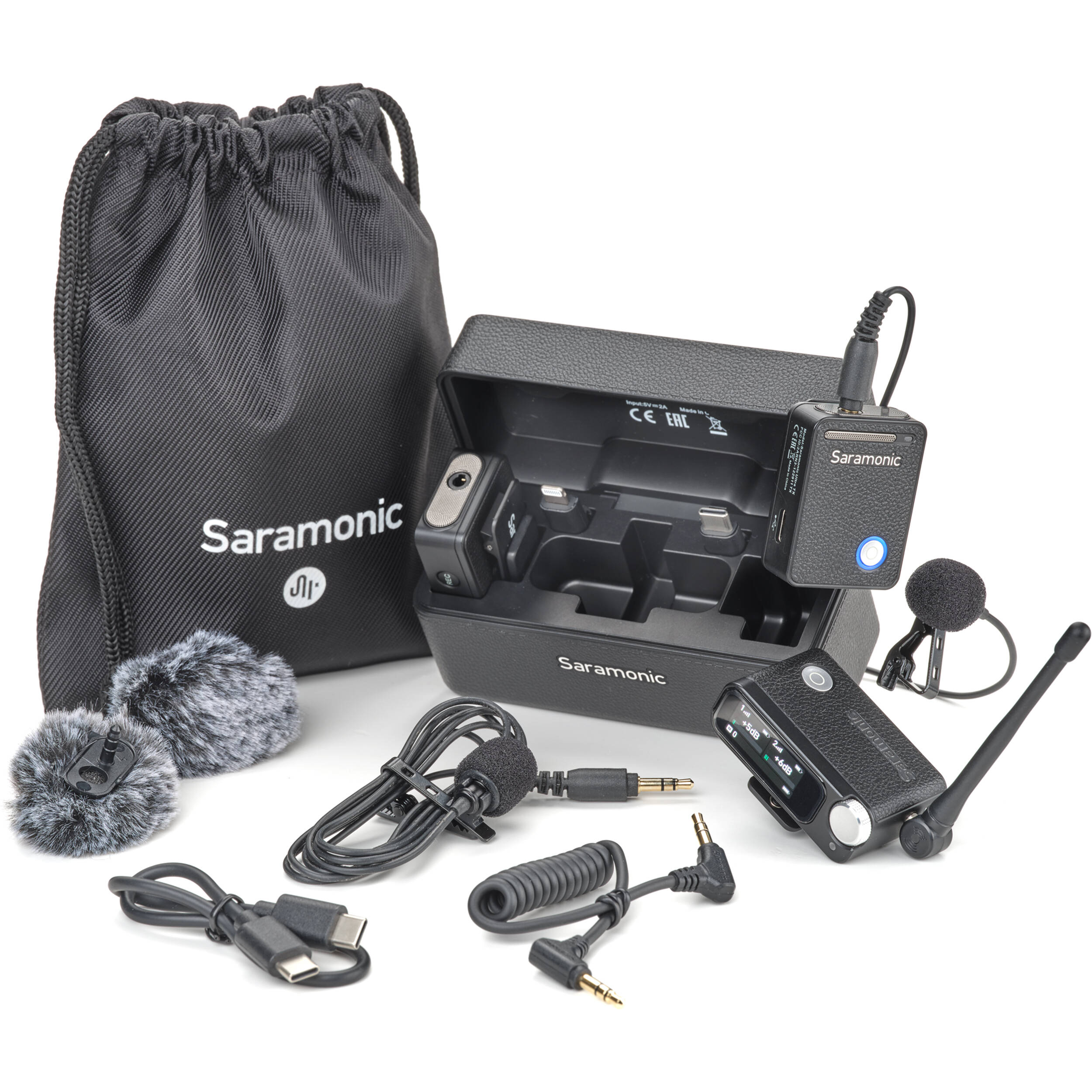 Saramonic Ultra creator wireless microphone system with Lavalier microphones, compact setup for high-quality audio recording.