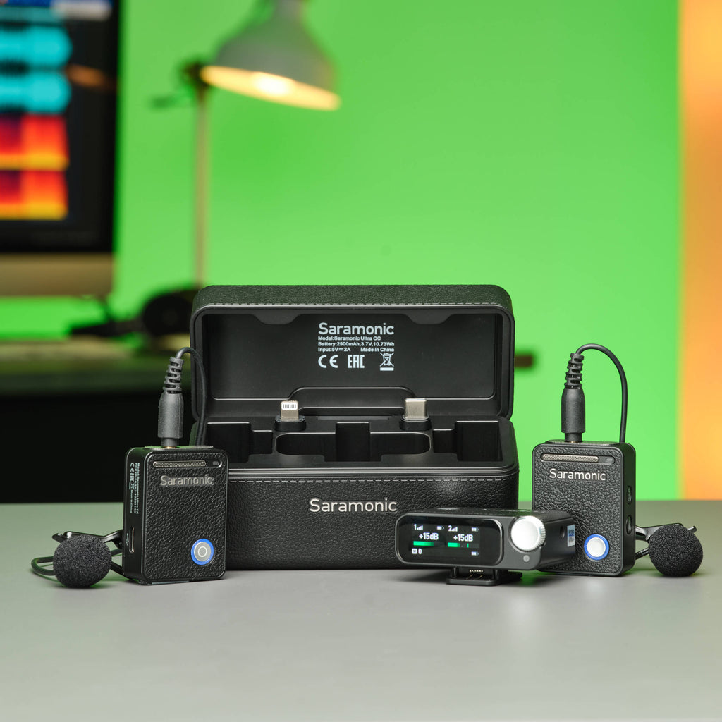 Saramonic Ultra wireless microphone system with Lavalier microphones for creators, featuring compact design and professional audio quality.