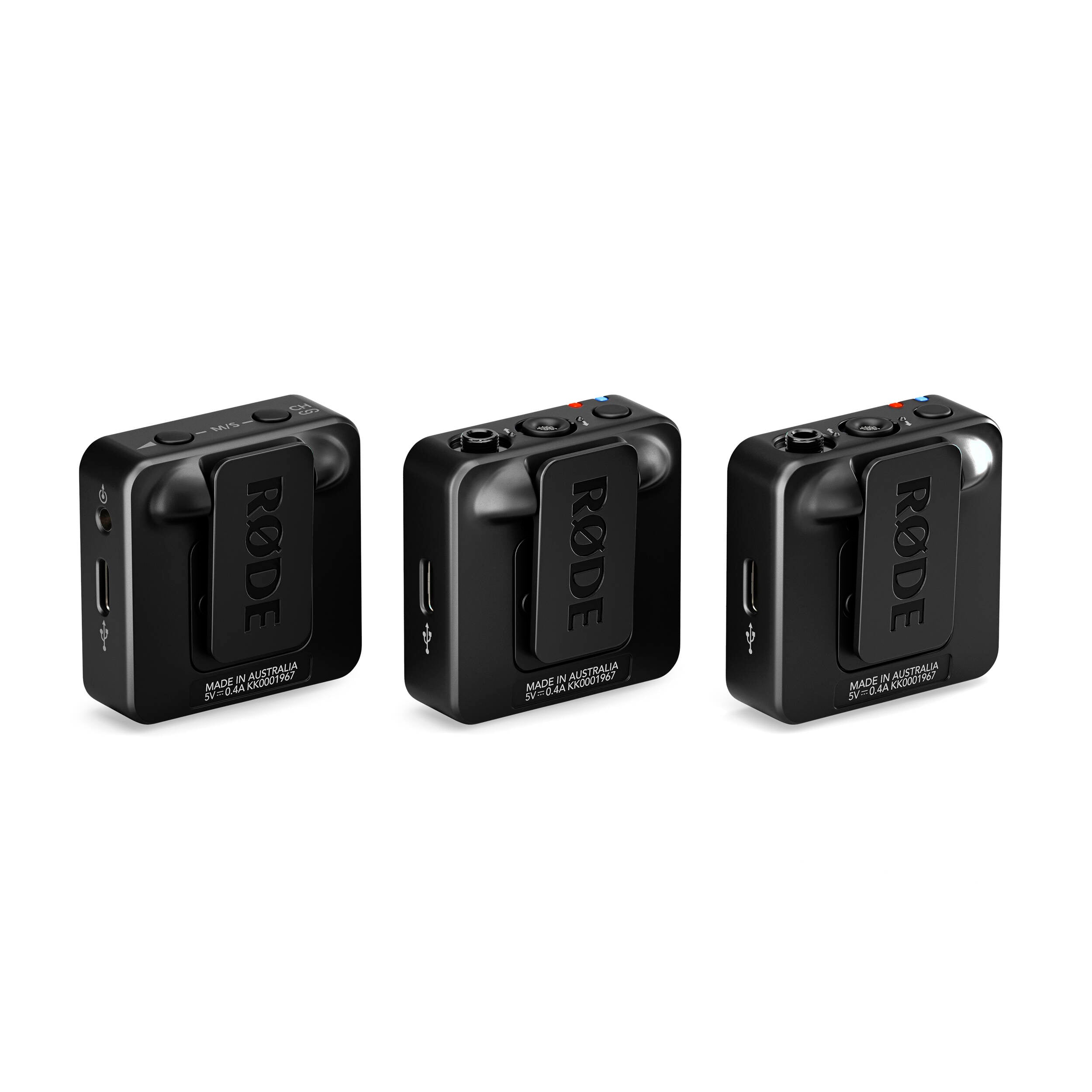 Rode Wireless GO 3 wireless microphone system with compact transmitter and receiver, ideal for professional audio recording.