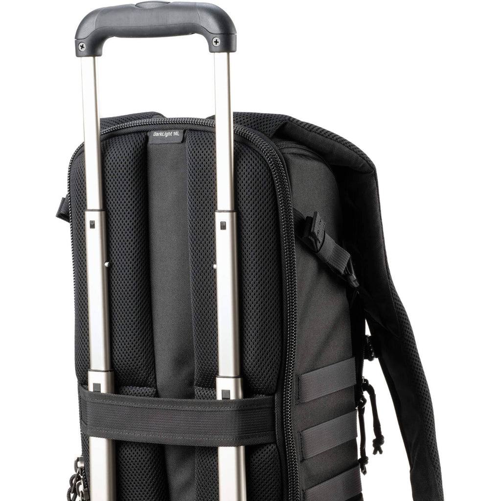 Think Tank DarkLight video equipment bag with padded compartments for cameras, lenses, and accessories, black color, sturdy design.
