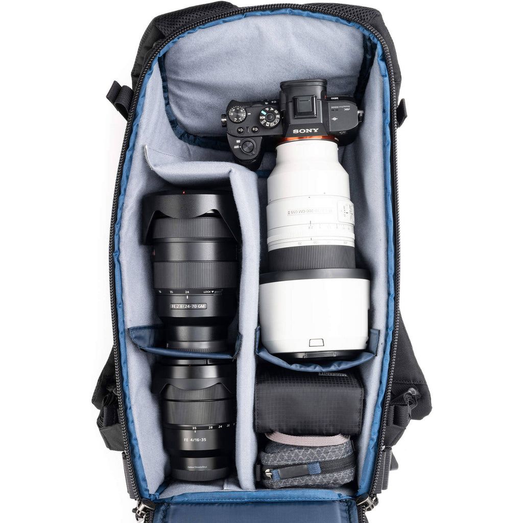 Think Tank DarkLight video equipment bag with padded compartments and adjustable straps for professional camera gear.