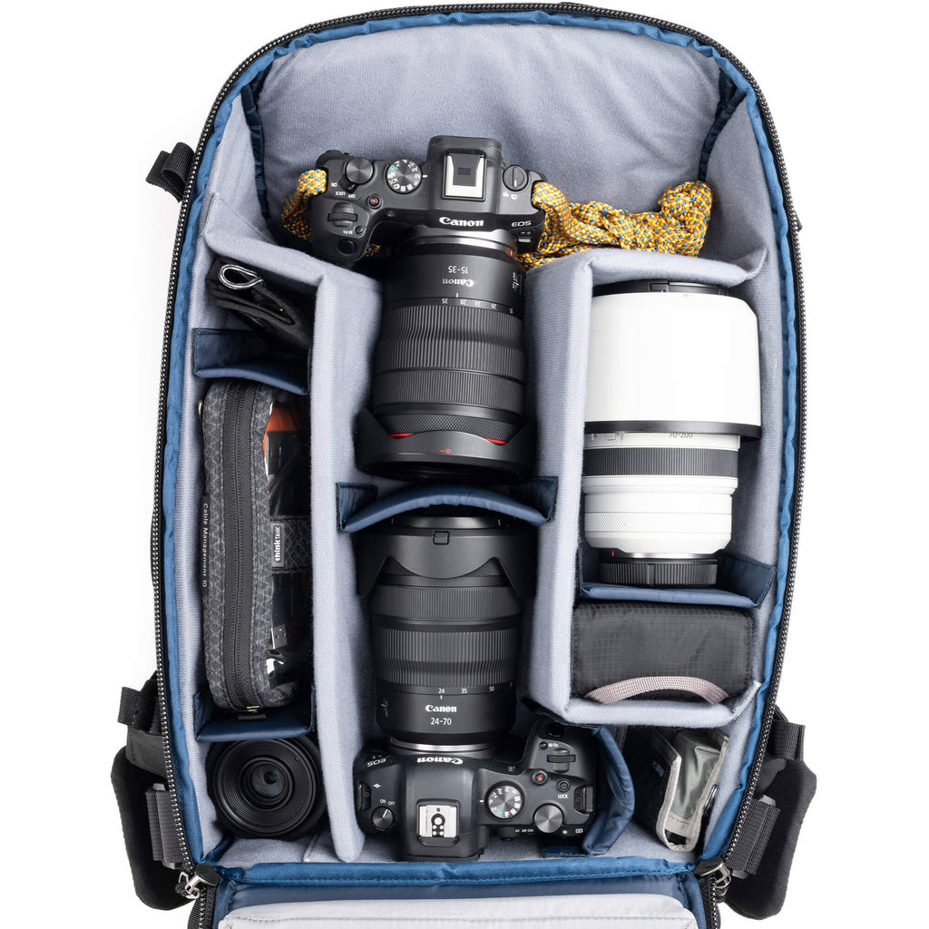 Think Tank DarkLight video equipment bag with padded compartments and adjustable straps for professional camera gear storage.
