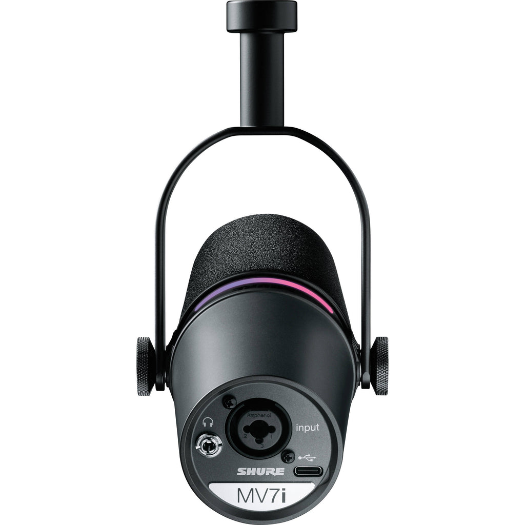 Shure MV7i USB microphone with adjustable stand and black finish, designed for professional podcasting and recording.