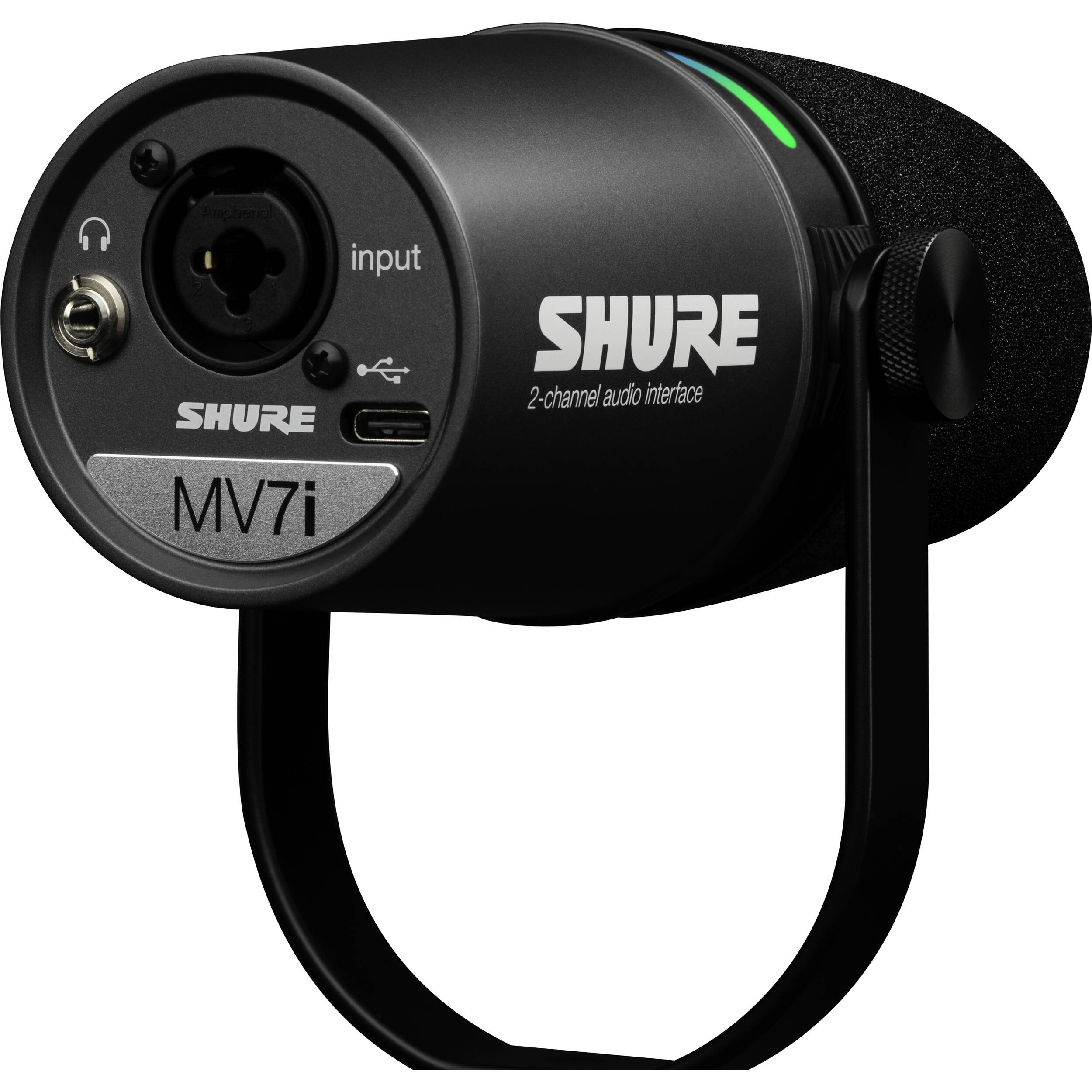 Shure MV7i USB microphone with black finish and built-in controls, positioned on a desk for podcasting or streaming setup.