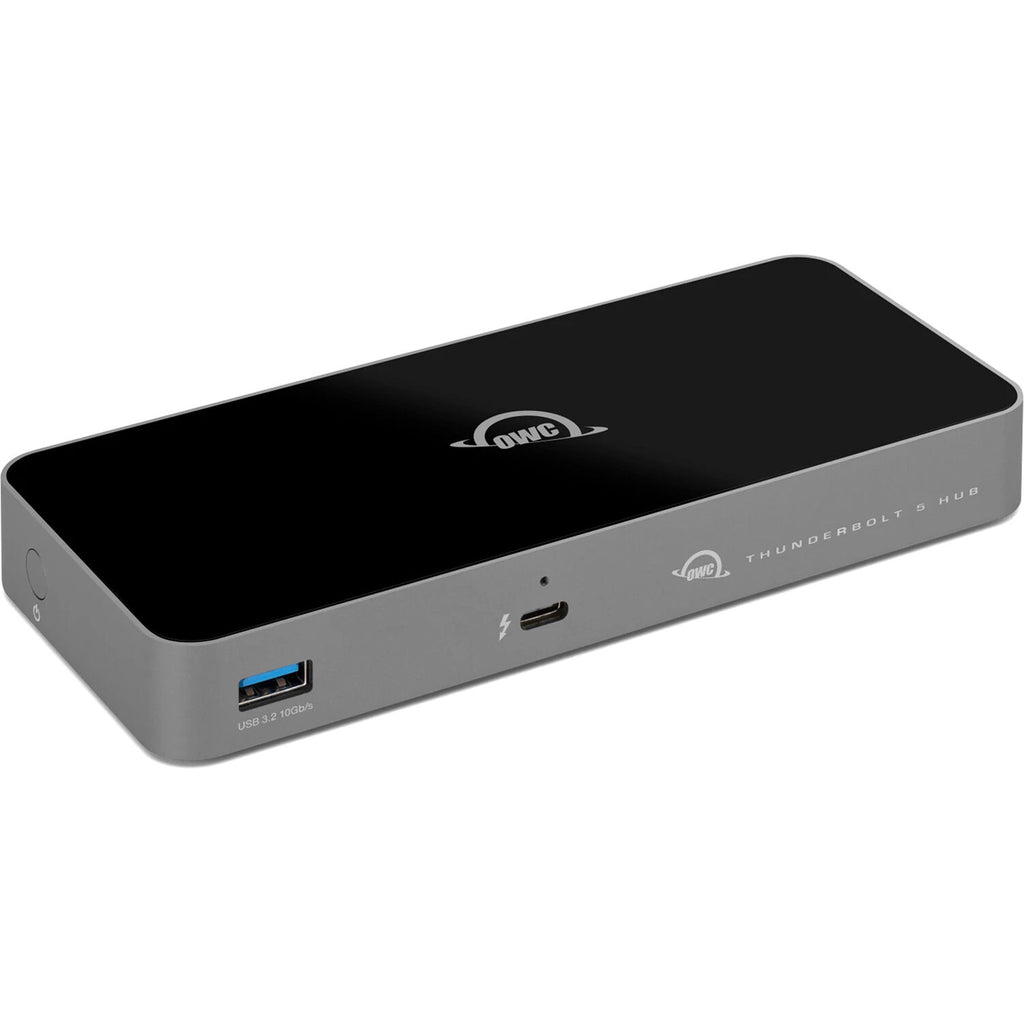OWC Thunderbolt 5 Hub docking station with multiple ports and sleek black design for high-speed data transfer and connectivity.