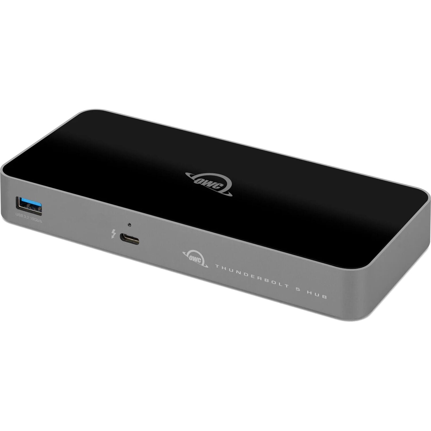OWC Thunderbolt 5 Hub docking station with multiple ports and sleek black design for high-speed data transfer and connectivity.
