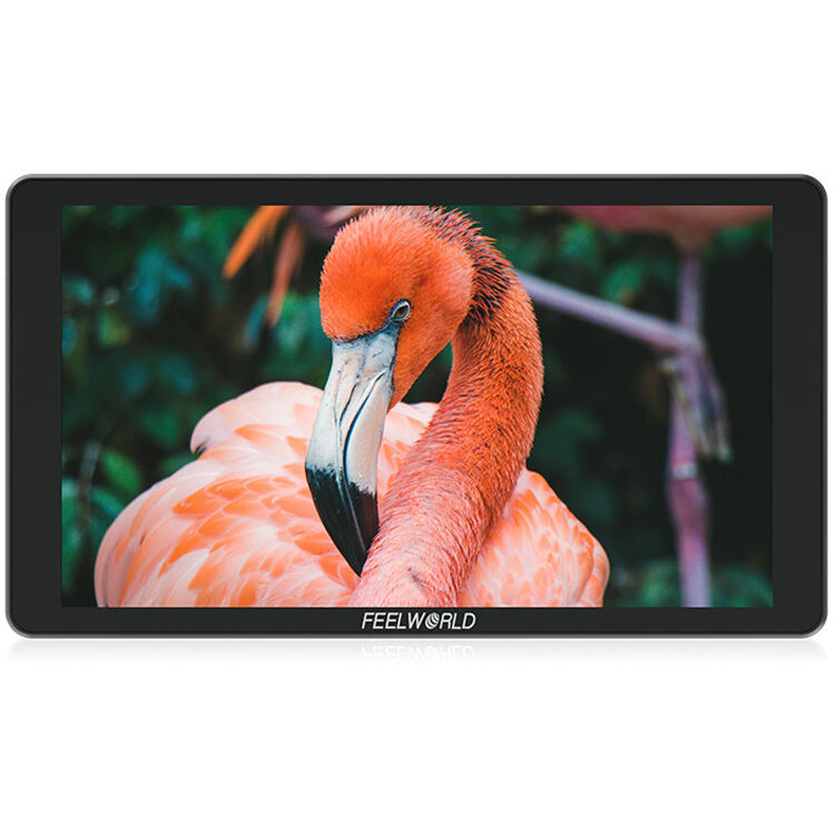 Feelworld P6XL 6-inch camera field monitor displaying live video feed with adjustable controls and HDMI connectivity.