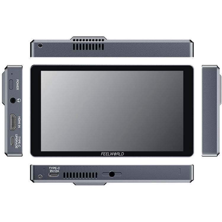Feelworld P6XL 6-inch camera field monitor displaying live video feed on a professional video monitor.