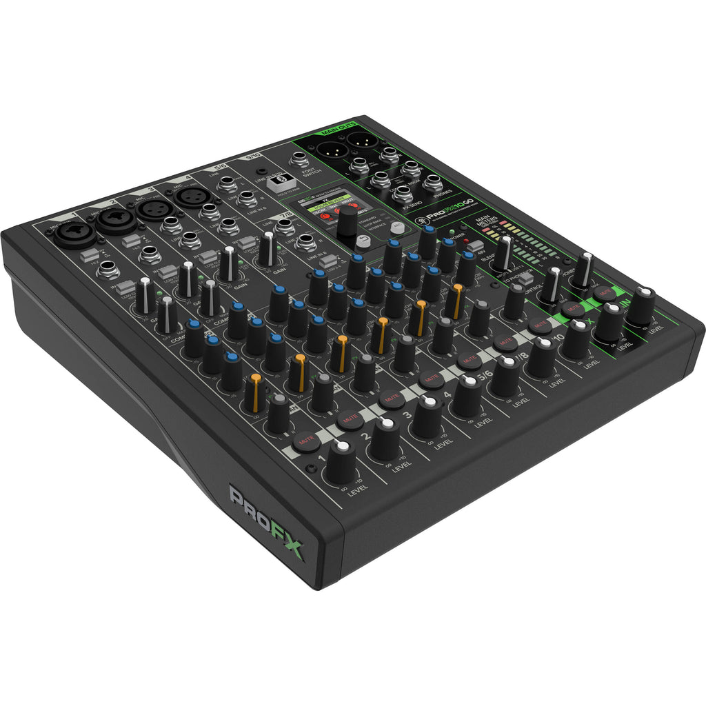 Mackie ProFX10 GO analog mixer with multiple input channels, knobs, and audio controls in a professional compact design.