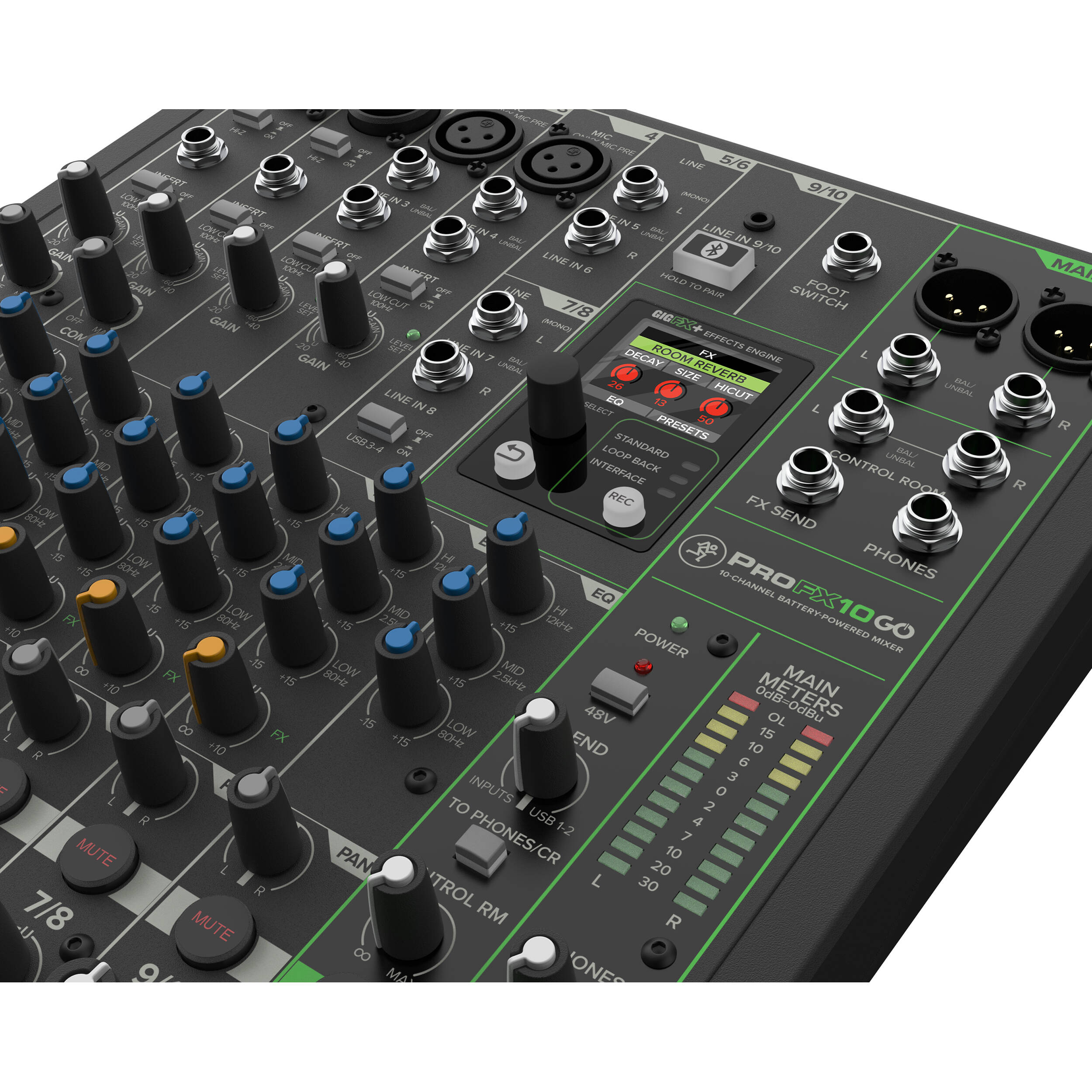 Mackie ProFX10 GO analog mixer with multiple input channels, knobs, and connection ports for audio mixing.