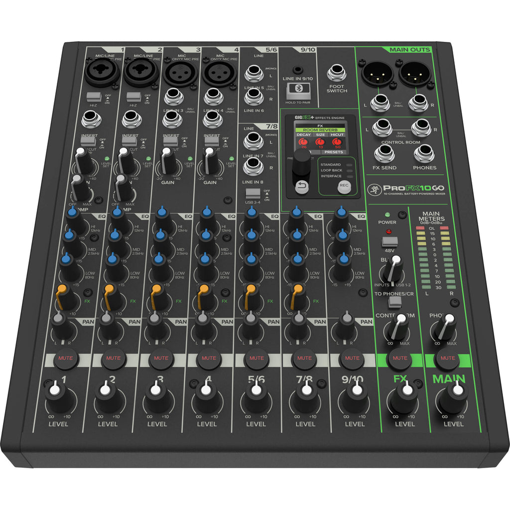 Mackie ProFX10 GO analog mixer with multiple input channels, knobs, and sliders for professional audio mixing.