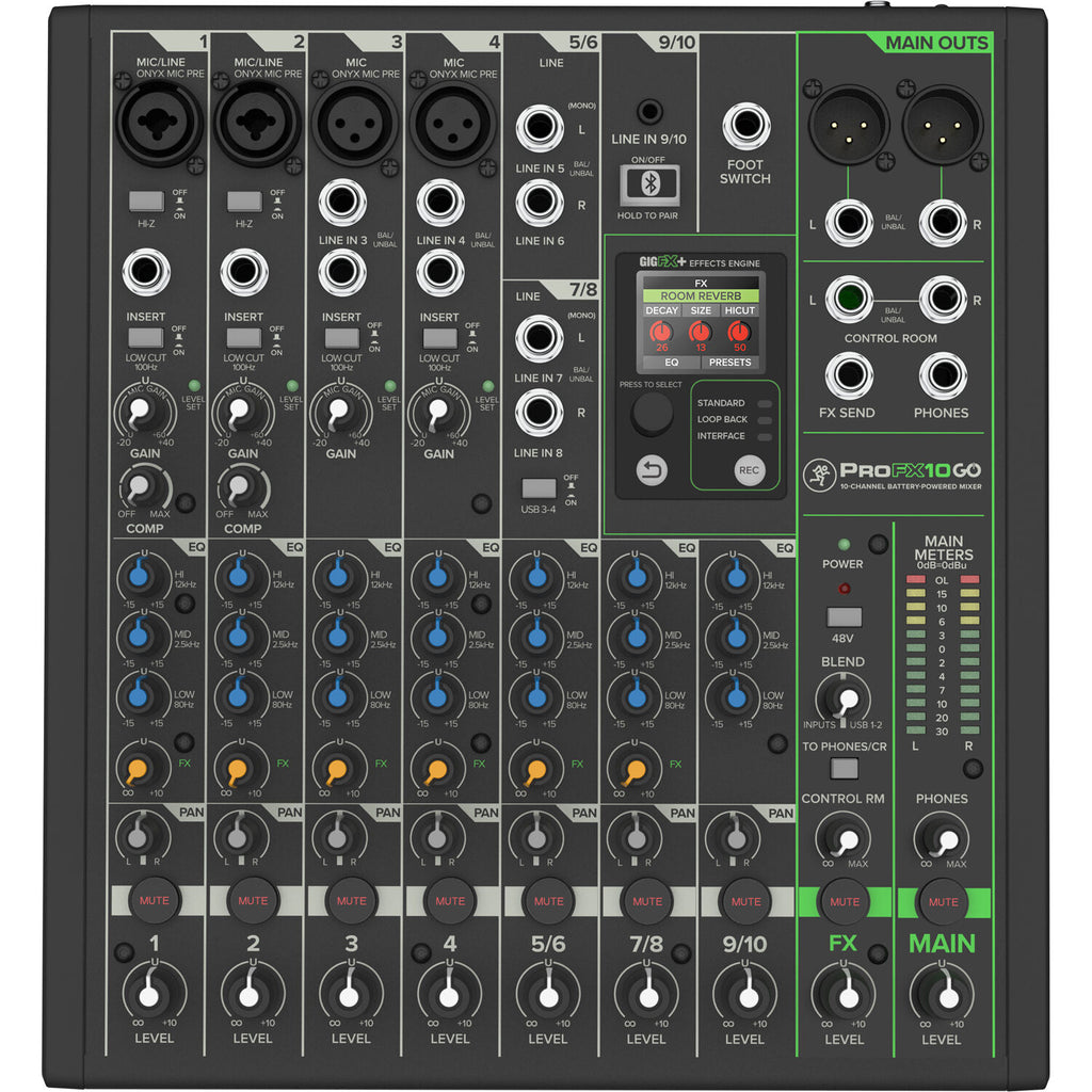 Mackie ProFX10 GO analog mixer with multiple input channels, knobs, and sliders for audio control.