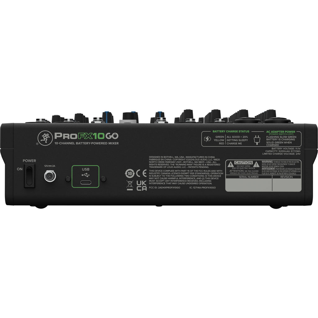 Mackie ProFX10 GO analog mixer with multiple input channels, control knobs, and audio output jacks visible on the device.