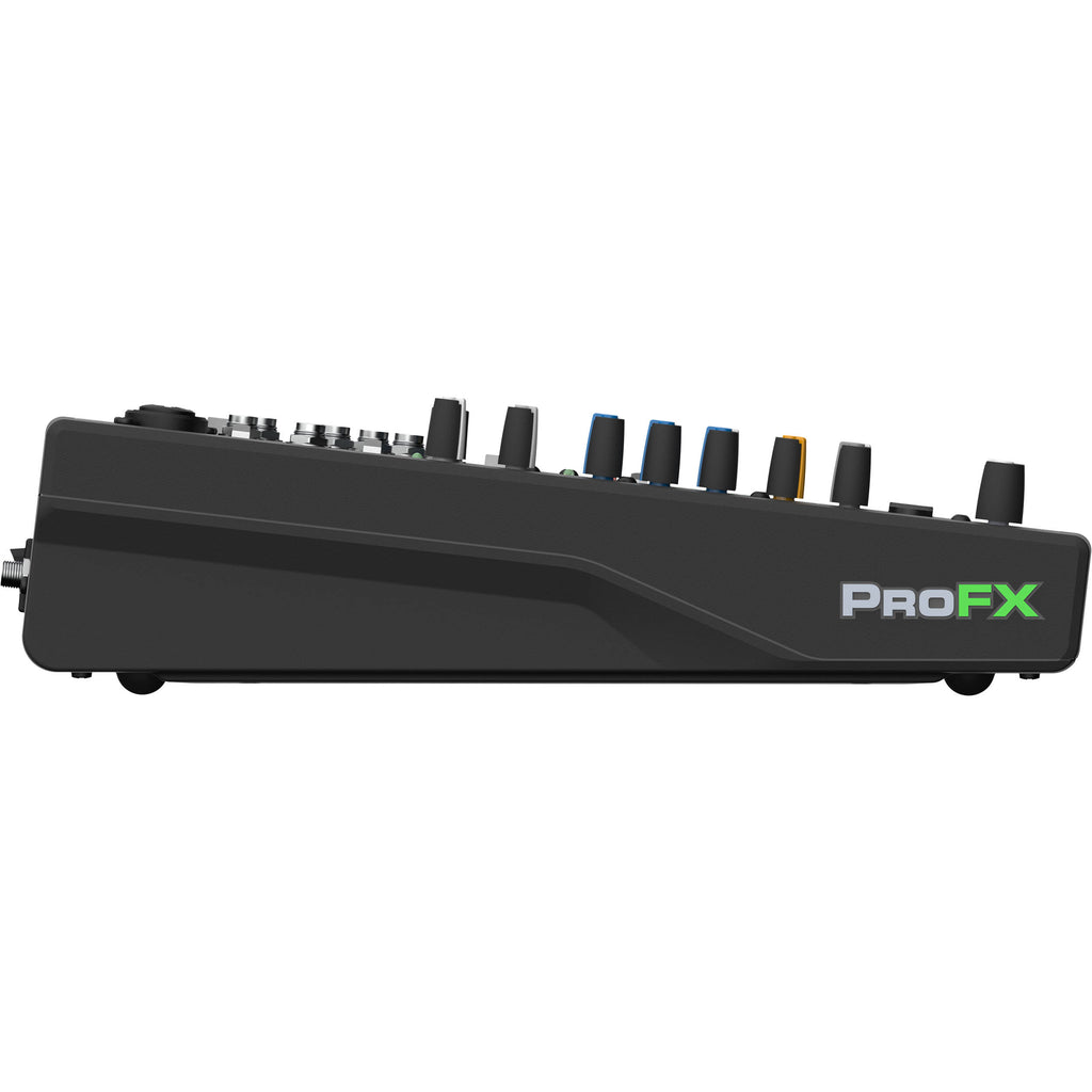 Mackie ProFX10 GO analog mixer with multiple input channels, knobs, and sliders for audio mixing and sound control.