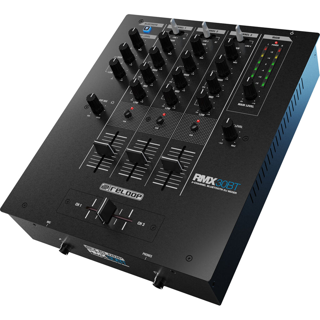 Reloop RMX-30 BT DJ mixer with multiple knobs and sliders, professional audio equipment for seamless music mixing.