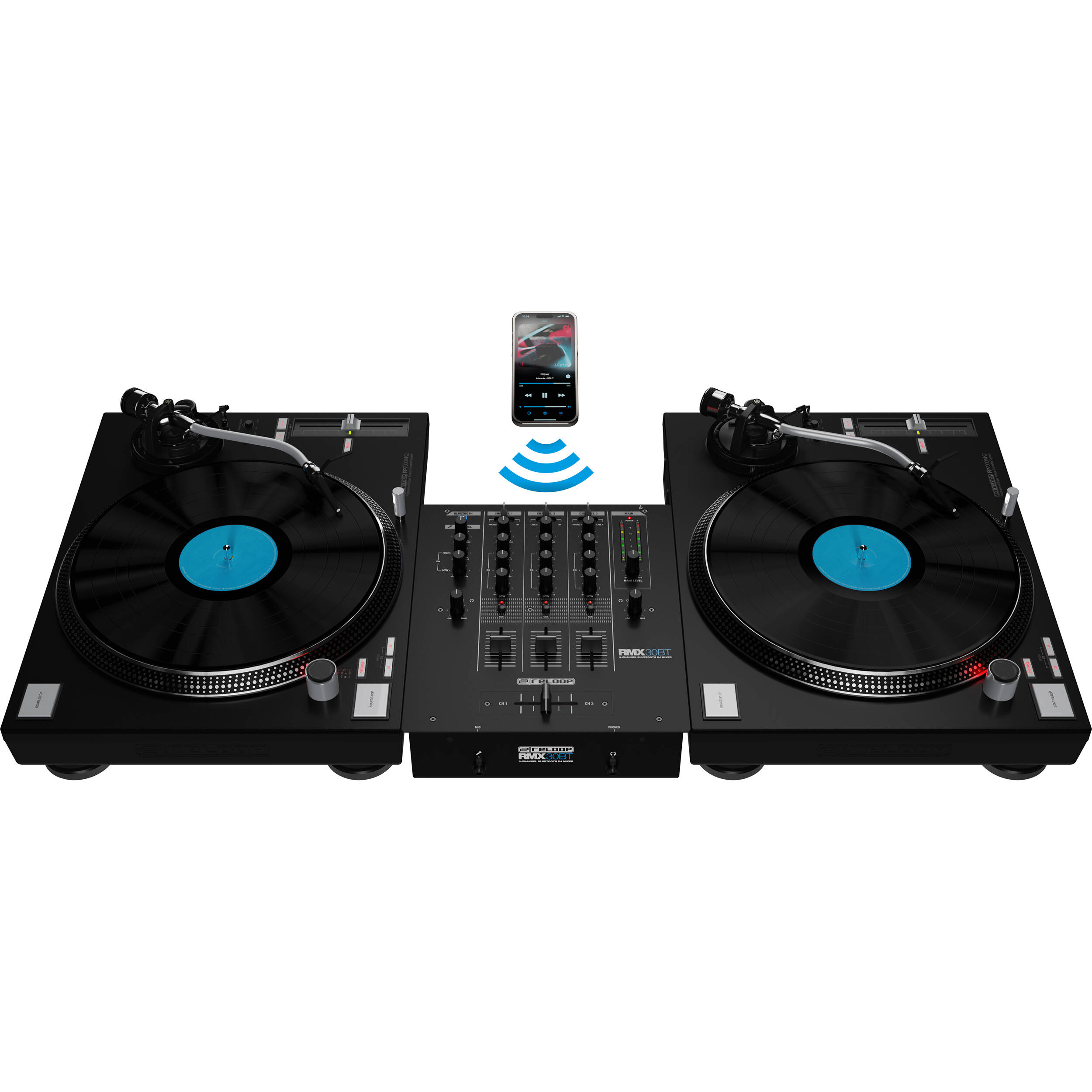 Reloop RMX-30 BT DJ mixer with dual channels, Bluetooth connectivity, and professional controls for seamless DJ performances.